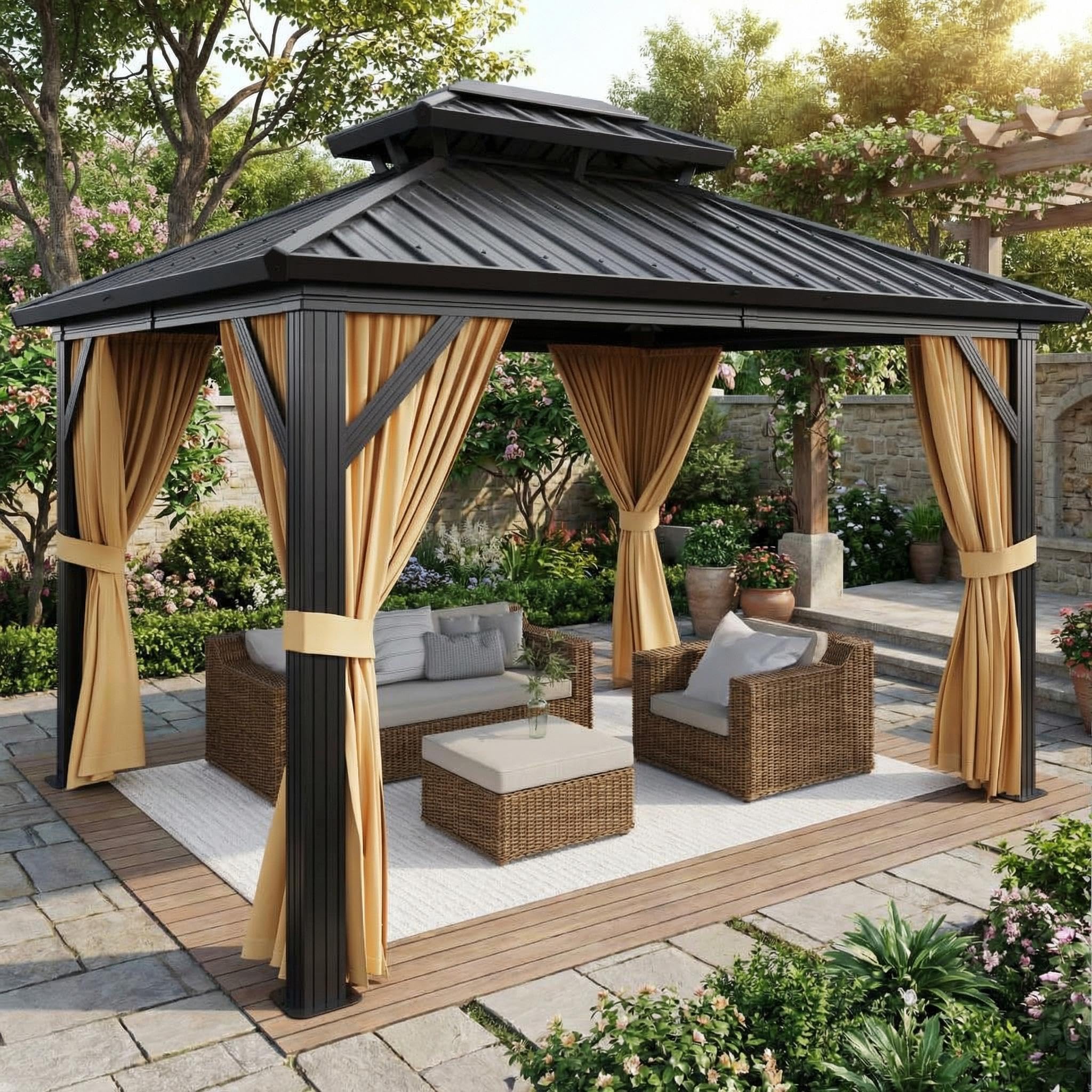 Photo 1 of *MISSING PARTS 10x12 FT Hardtop Gazebo with Galvanized Steel Double Roof, Heavy-Duty Aluminum Frame Outdoor Gazebo Canopy with Mosquito Netting & Waterproof Curtains for Patio, Backyard, Deck & Lawn