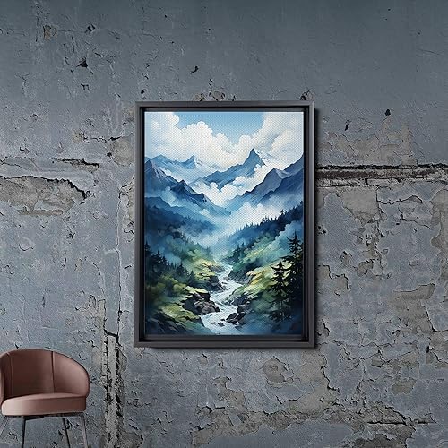 Miniatura 5 de Canvas Framed Canvas Wall Art Wood Panel, Canvas Wall Art Blue Watercolor Abstract Mountains Nature Prints, Minimalist Misty Art, Canvas Prints,