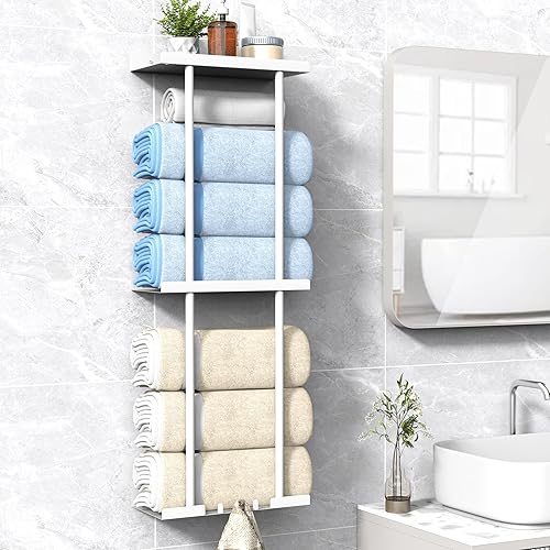 Miniatura 8 de Toallero para Baño, Organizador de Almacenamiento de Toallas Enrolladas Vertical Montado en la Pared con Estante, Capacidad para 6 Sábanas de Baño