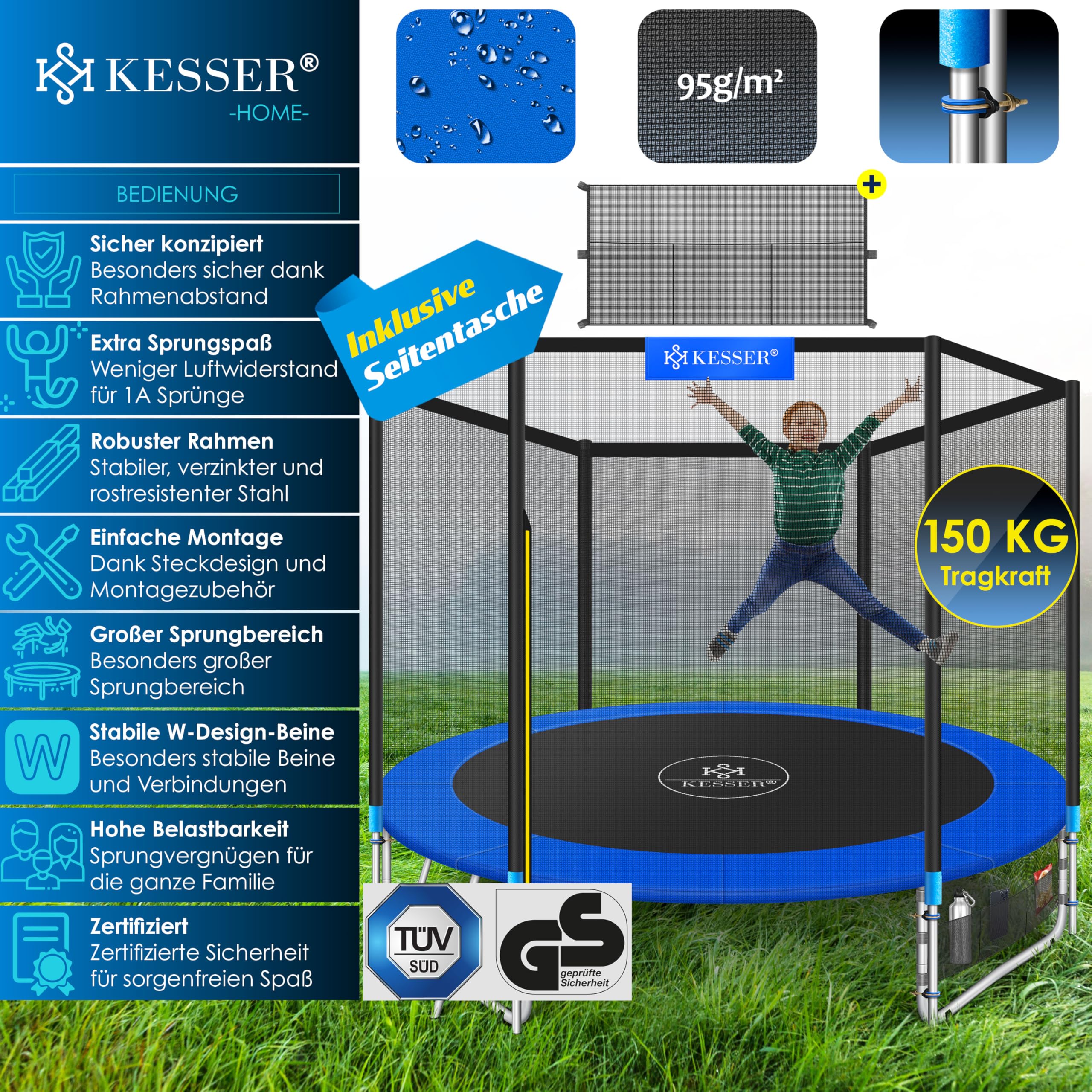 KESSER® Trampolin Outdoor Ø244/305/366/427cm Gartentrampolin Kinder Trampolin Komplettset + Sicherheitsnetz, Leiter & Familien Trampolin für Garten + Seitentasche & Montageset, belastbar bis 150kg