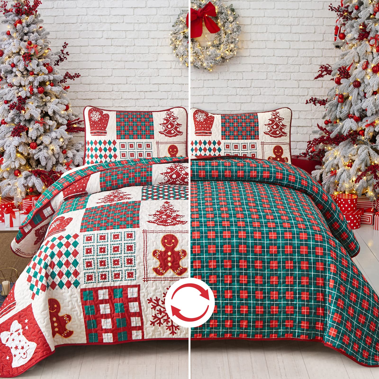 WONGS BEDDING - Colcha navideña, 220x240, con diseño de patchwork rojo, doble cara, para dormitorio, con copos de nieve, adecuada para dormitorio, edredón acolchado con 2 fundas de almohada de 50x75cm