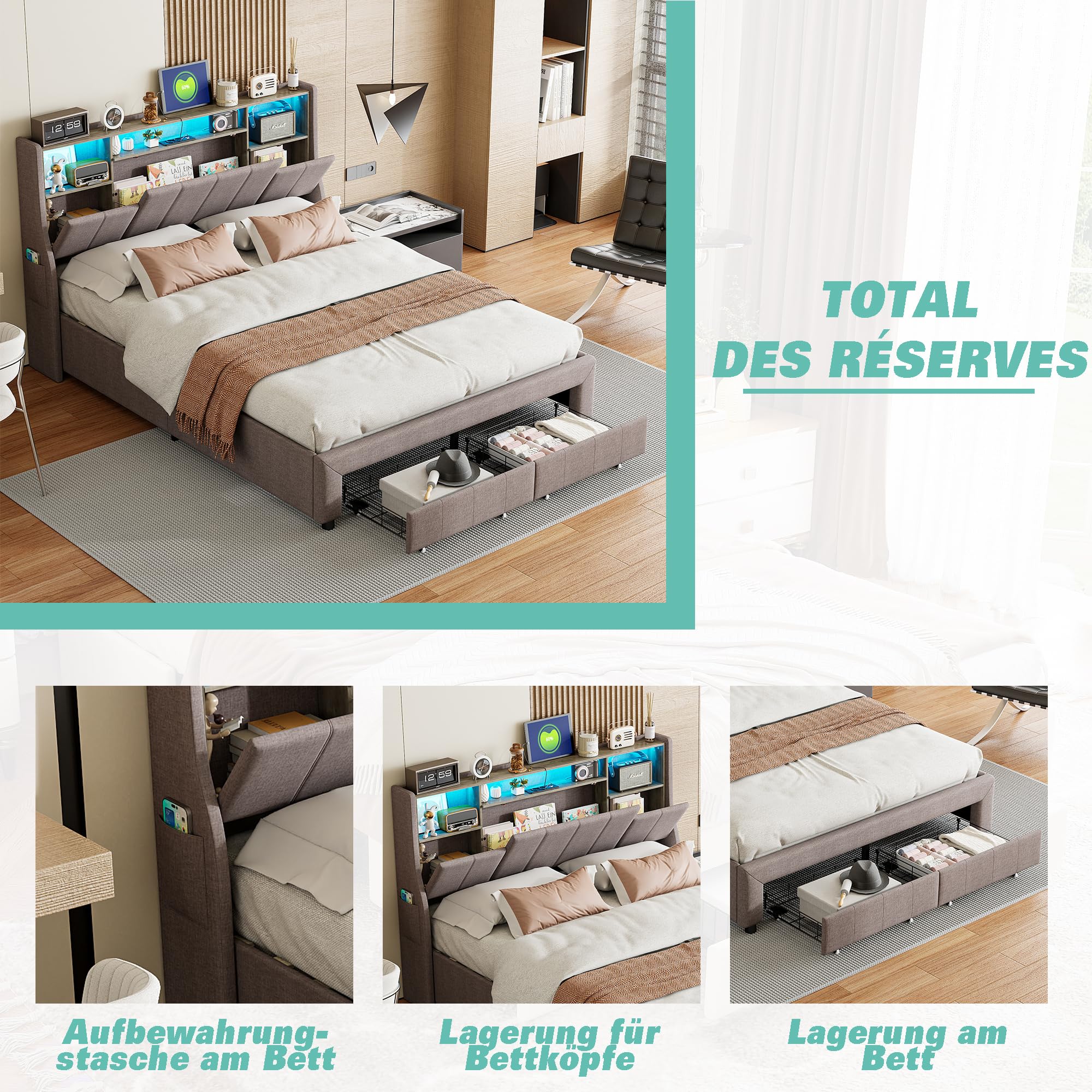 Letto Matrimoniale Imbottito 140x200 Cm Con LED RGB, 3 Cassetti E Porte USB | Velluto Grigio Con Testiera Portaoggetti - 4