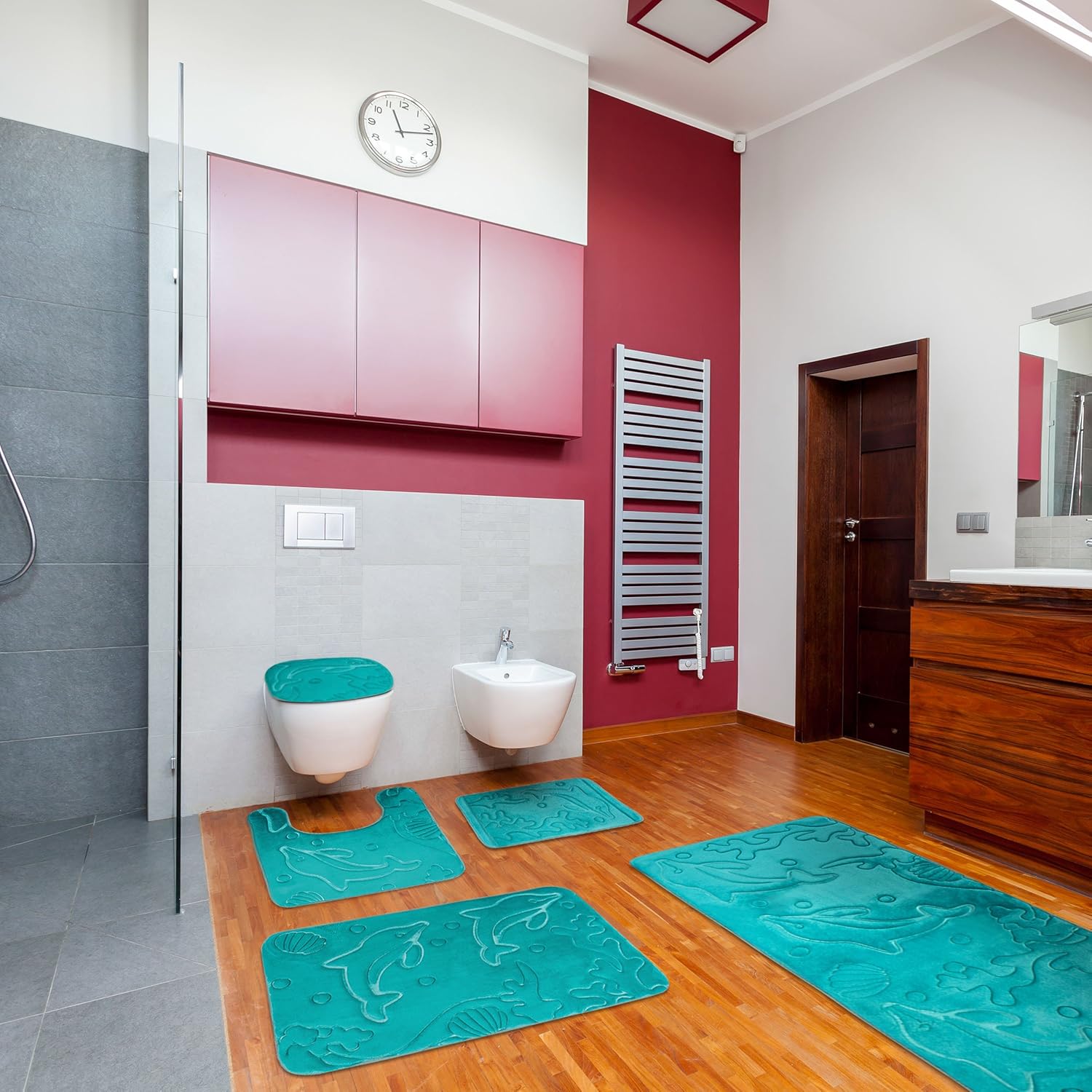 Bathroom Rug Set 5 Piece - Memory Foam Bathroom Mat Set, Soft and Comfortable, Non-Slip Thick Absorbent Bath Mats, Machine Washable, Teal