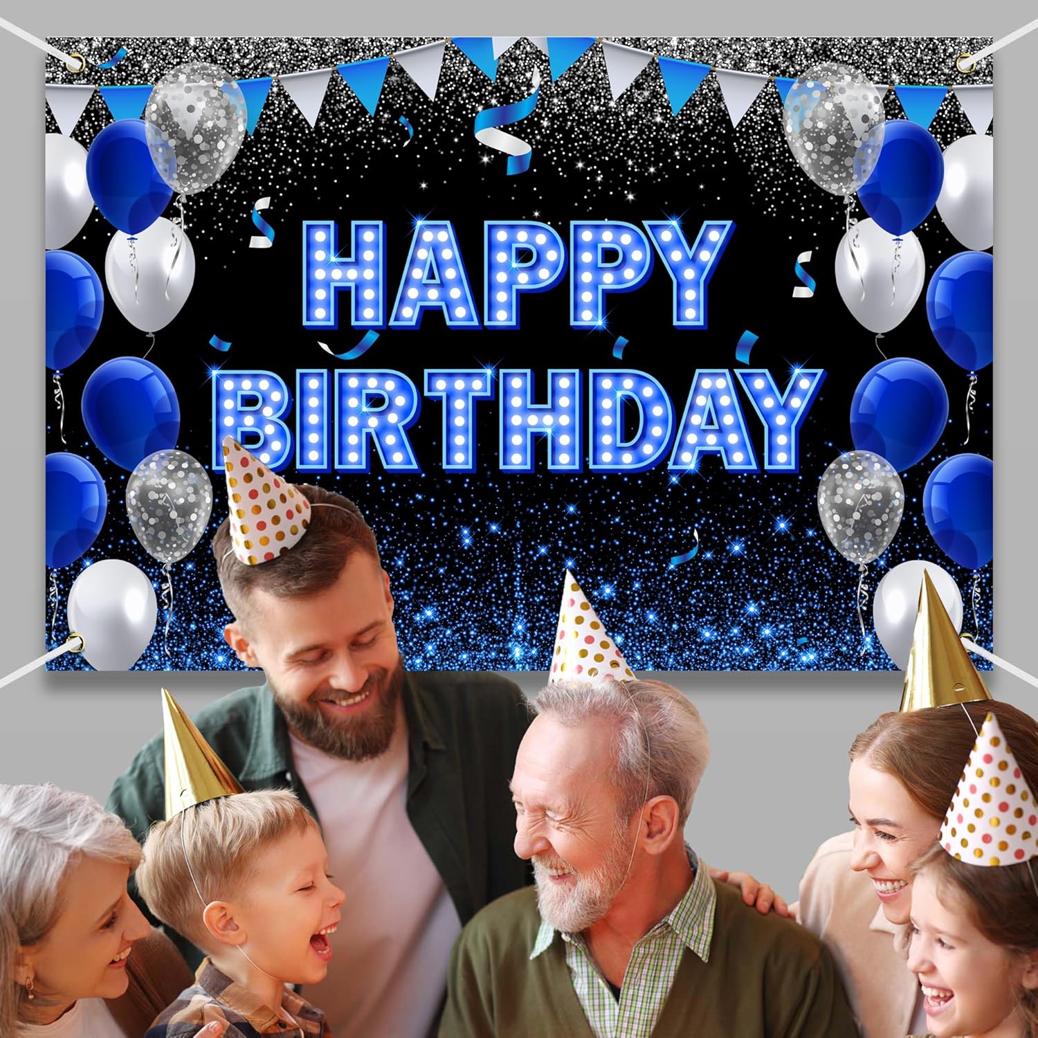 Large Happy Birthday Backdrop Banner Blue Black Theme Decor Blue Neon Light Shiny Fashion Birthday Party Photo Photography Prop Booth Background for Men Women Boys Girls Celebration 98.4x65in-BECKTEN - Image 5
