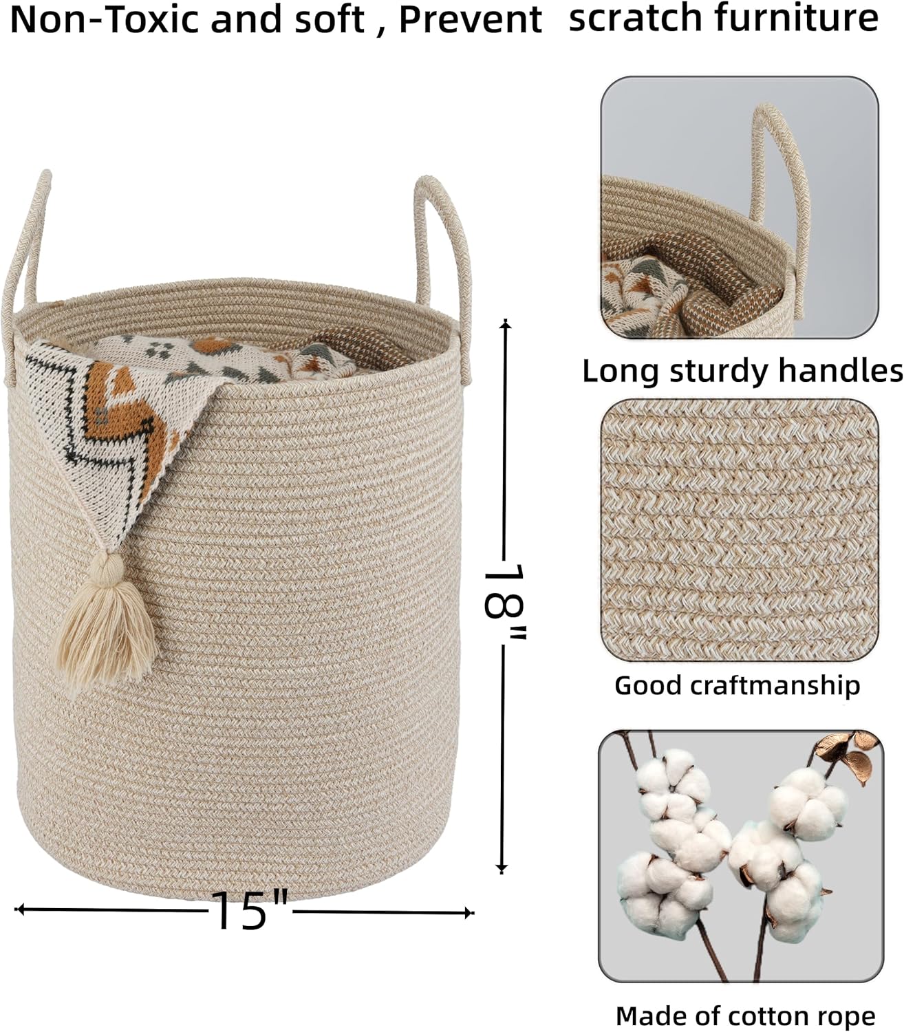 Cotton Rope Laundry Basket Hamper for Clothes Woven Storage Basket for Living Room Bedroom Boho Tall Rope Baskets for Blanket Toys Pillow Towels Baby Nursery Hamper Bin oatmeal - Image 2