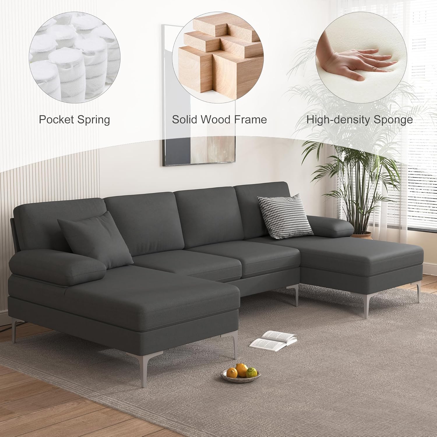 VERYKE Modern U-Shaped Sectional Sofa, 110'' Linen Fabric Couch, Upholstered Sofa Bed with Metal Legs for Home Office