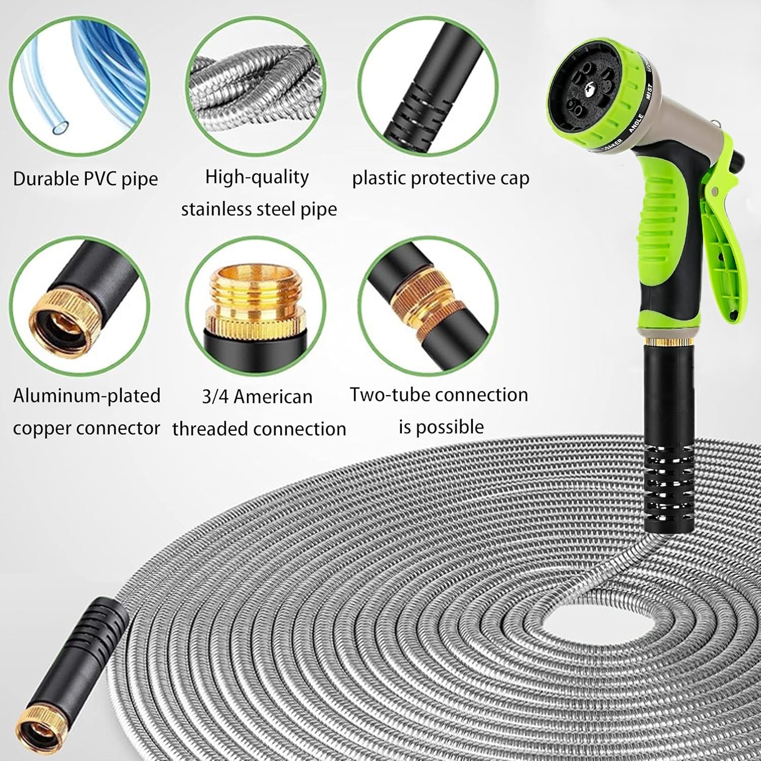 Stainless Steel Garden Hose 50FT with 10 Functione Nozzle, No Kink, Leak-Proof, Lightweight and Flexible Metal Garden Hose for Lawn, Car, RV, Outdoor Watering, Pet Bathing