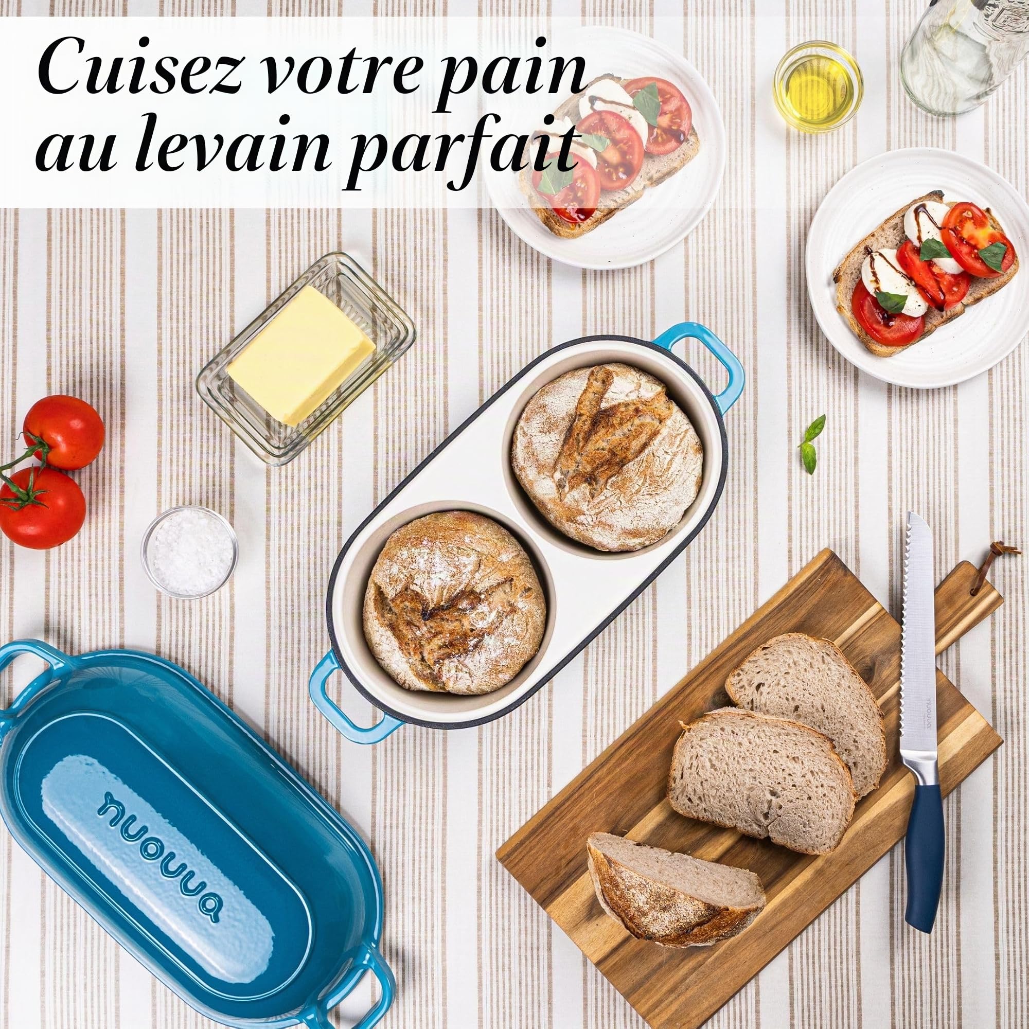 Faitout pour la cuisson du pain au levain – Pot à pain en fonte émaillée – 260 °C – Passe au four – Double espace rond pour pain, 16,5 cm de diamètre, bleu clair Nuovva