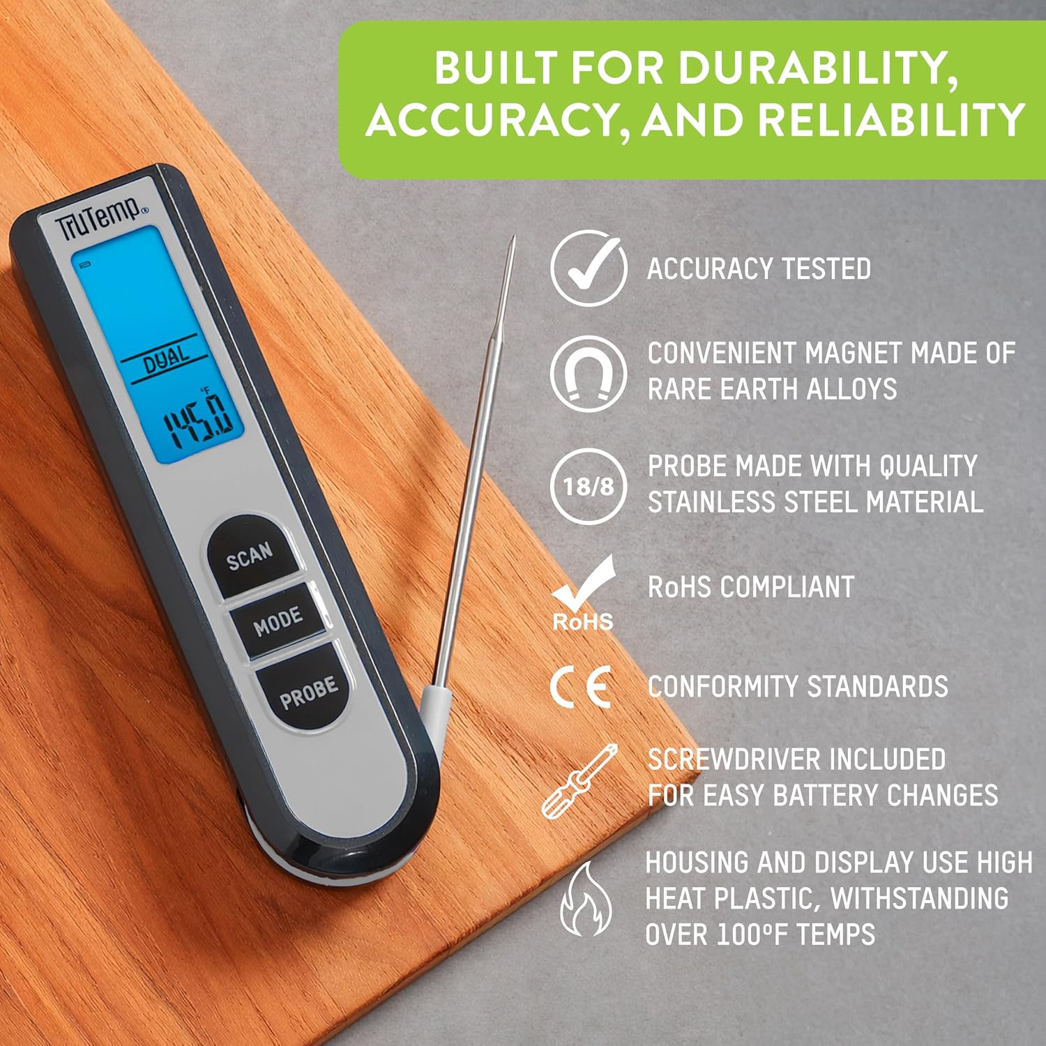 Taylor TruTemp Dual Instant Read Infrared Meat and Food Thermometer, Digital for Cooking, IPX5 Splash Proof Design, Plus Meat Probe for BBQ, Kitchen, Smoker, and Grilling, Gray