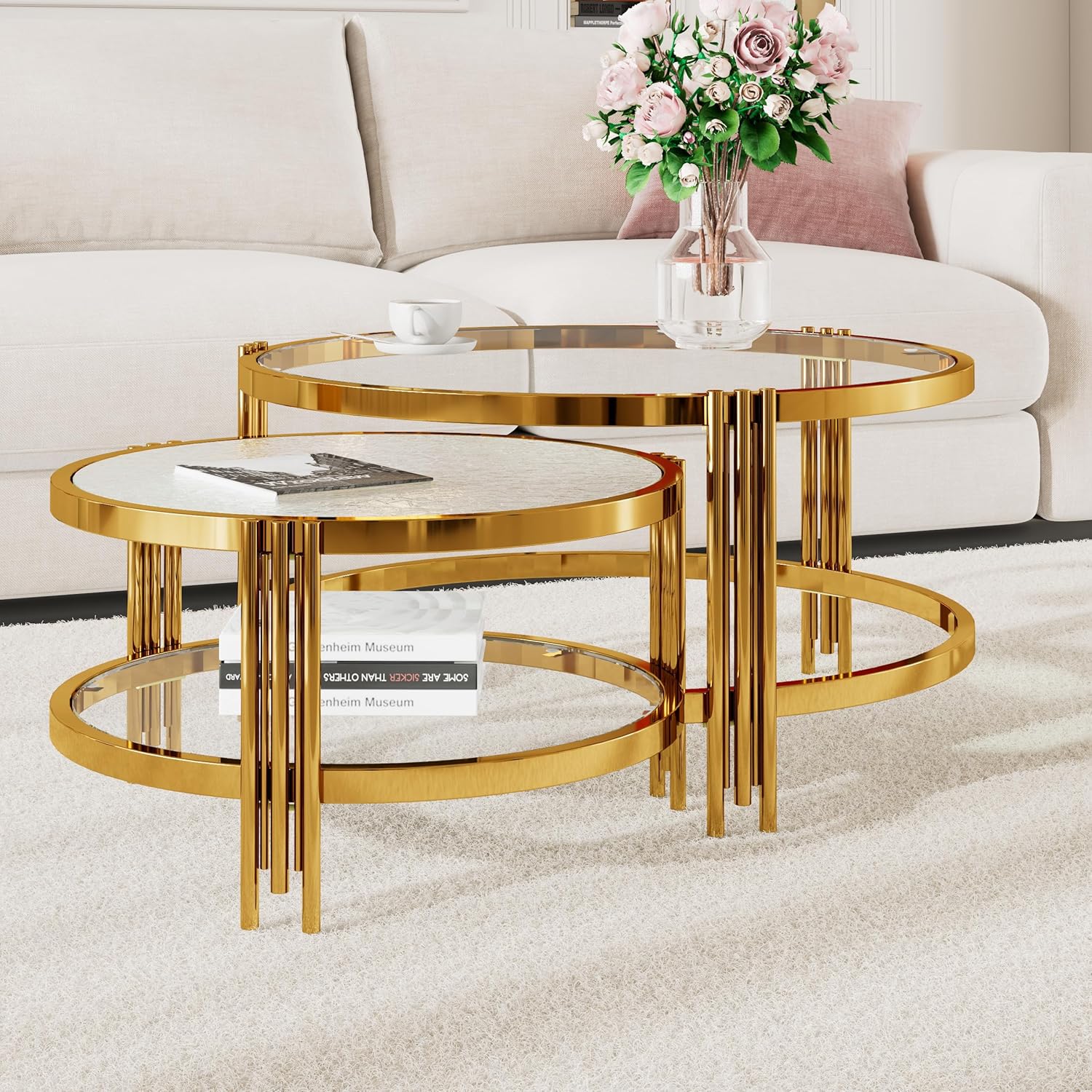 32.8" Glass Nesting Coffee Table Set of 2, Round Gold Metal Frame with Textured Tempered Glass Tops, Space-Saving Nesting Tables for Living Room, Apartment or Lounge, Gold