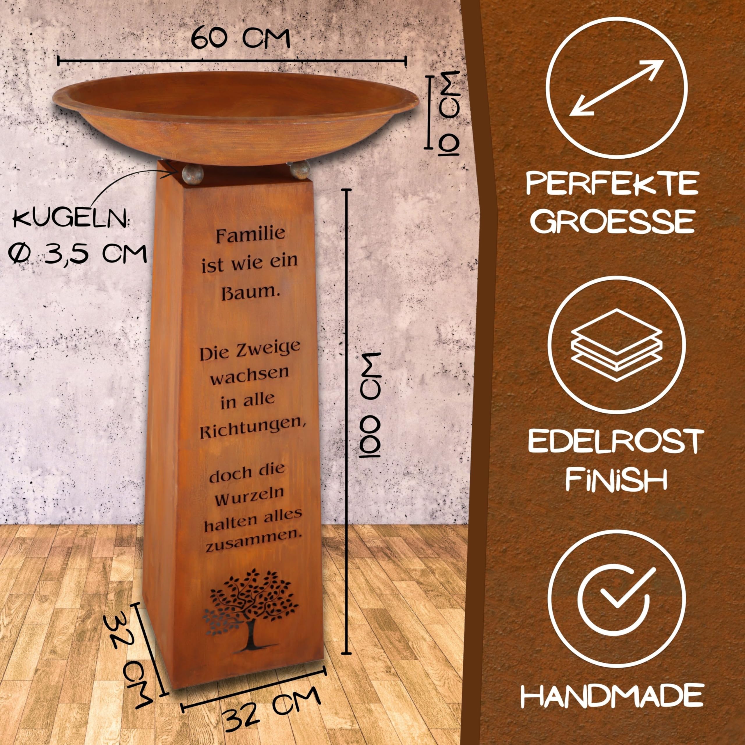 Rostikal Patina Columna con Familias Dicho y Cuenco Decorativo Decoración para Casa y Jardín Columna 1m - Cuenco 60cm Redondo, 60 cm rund