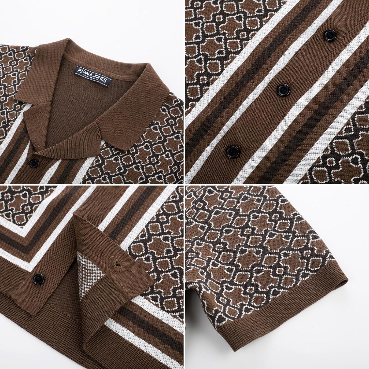 PJ PAUL JONES Men's Vintage Button Down Cuban Collar Knitted Polo Shirt - Image 4