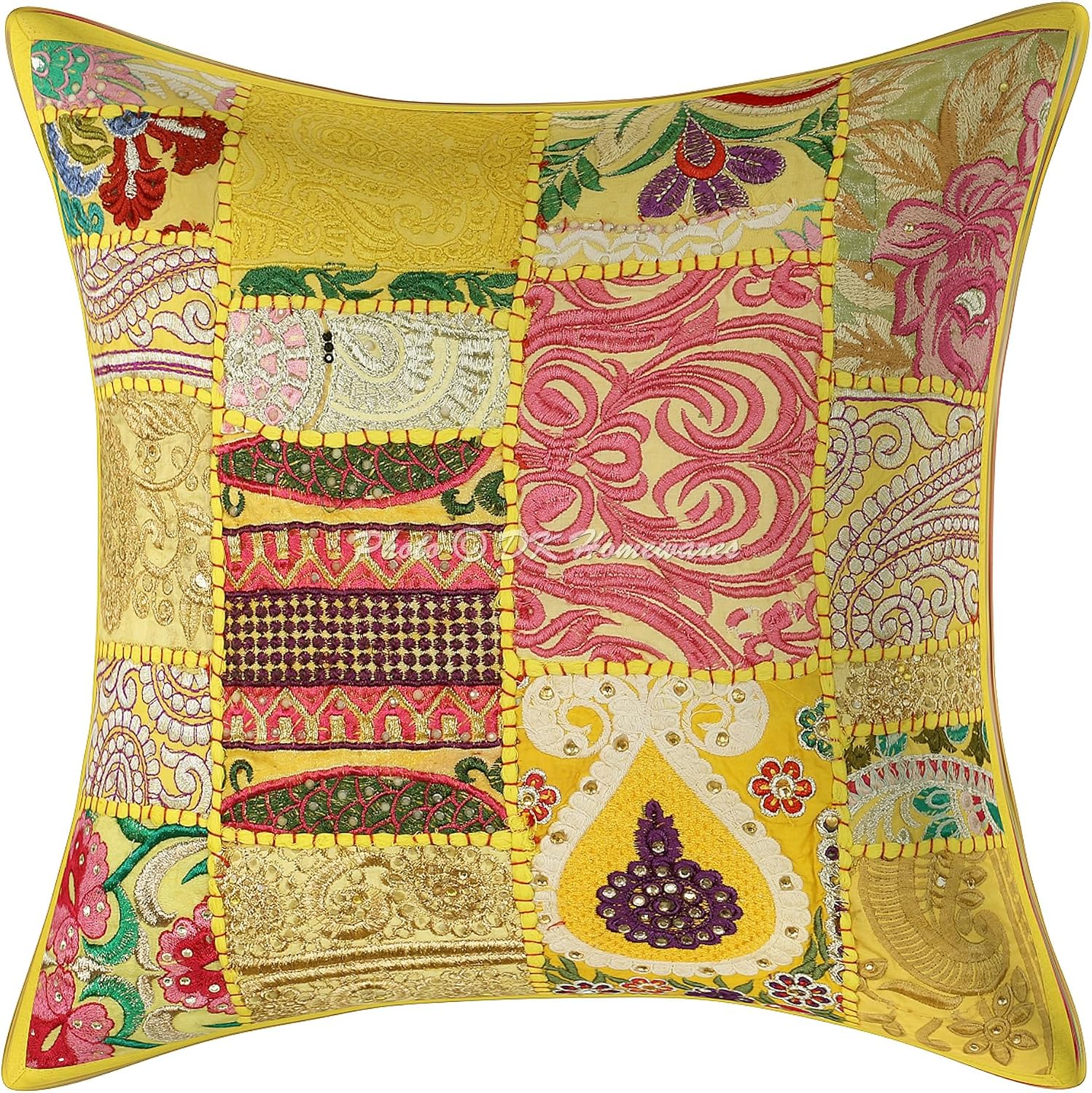Indian Throw Pillow Covers 16 Inch Cotton Vintage Patchwork Ethnic Square Embroiderded Cushion Covers (Size - 40x40 cm ; Color: Lemon Yellow) - Set of 5 Pcs (Cover Only)