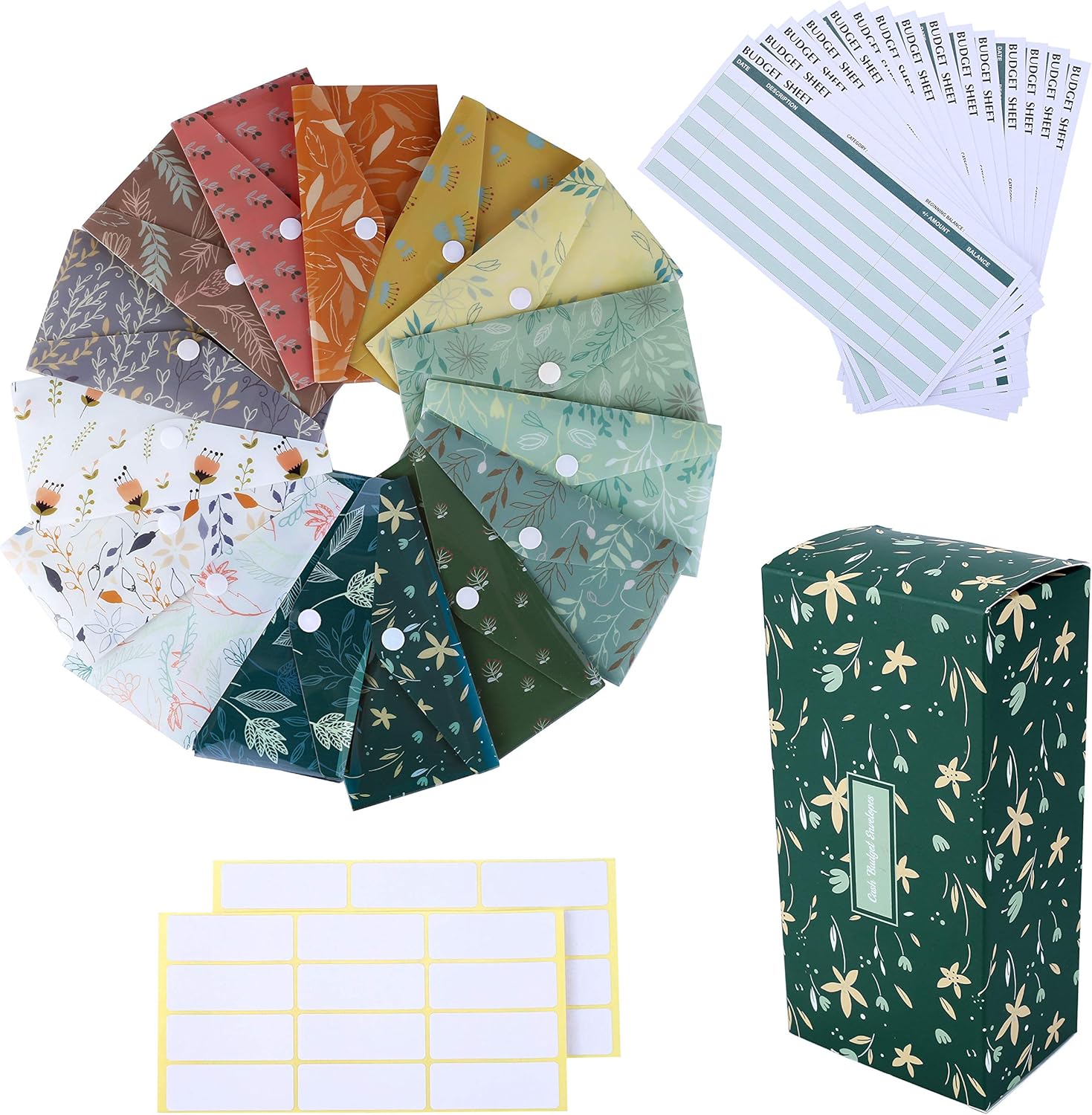 Yoption 32Pcs Cash Envelope System, 15 Pack Waterproof Reusable Plastic Budget Envelopes, 15 Pcs Expense Tracking Budget Sheets and 24 Bill Planner Stickers (Leaf) : Office Products