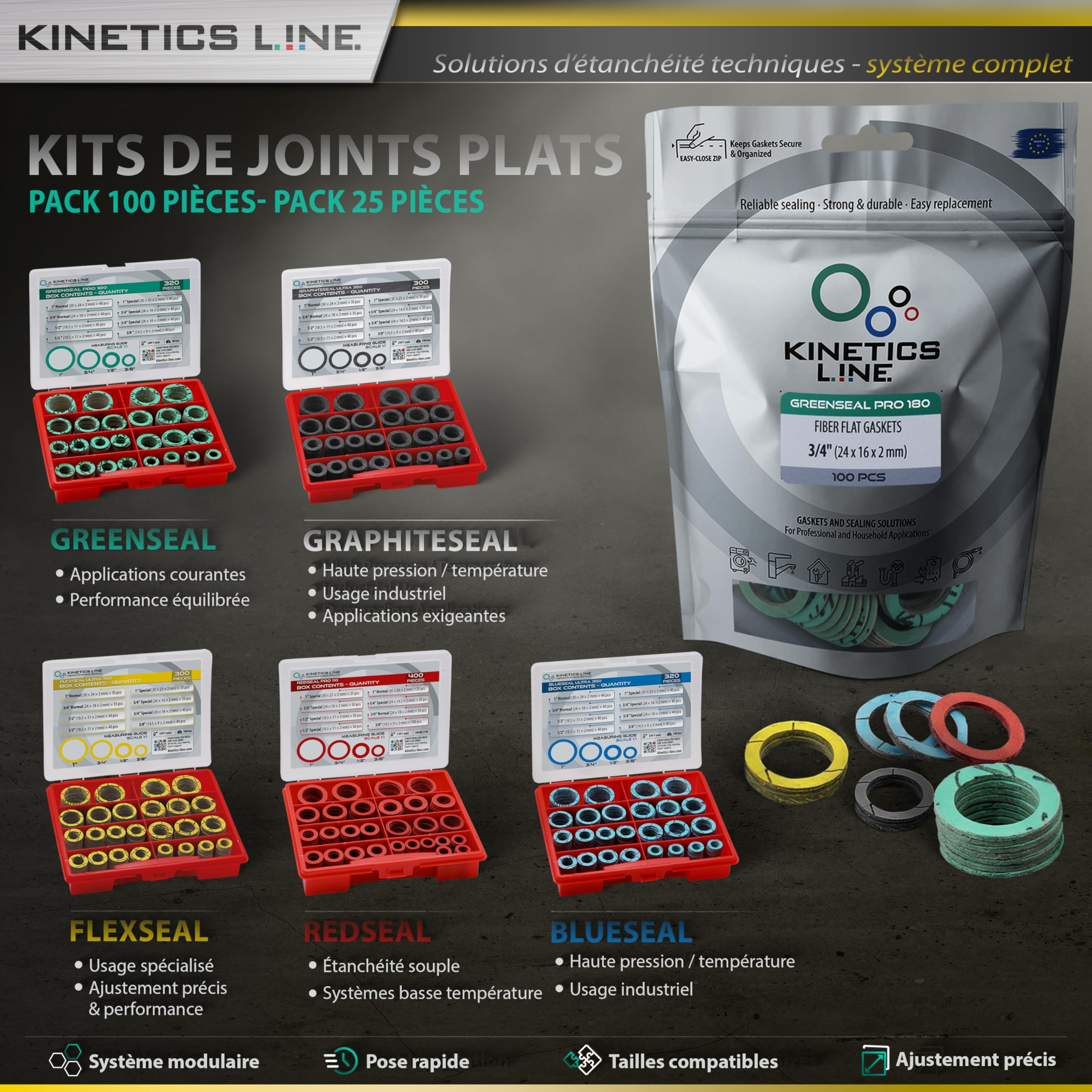 Boîte De Joints Avec 300 Joints Plats Fibre Flexibles Haute Température 3/8–1 Pouce – Assortiment De Joints De Bride Pour Gaz, Eau, Chauffage Et Sanitaire – Jusqu’à 350°C 100 Bar