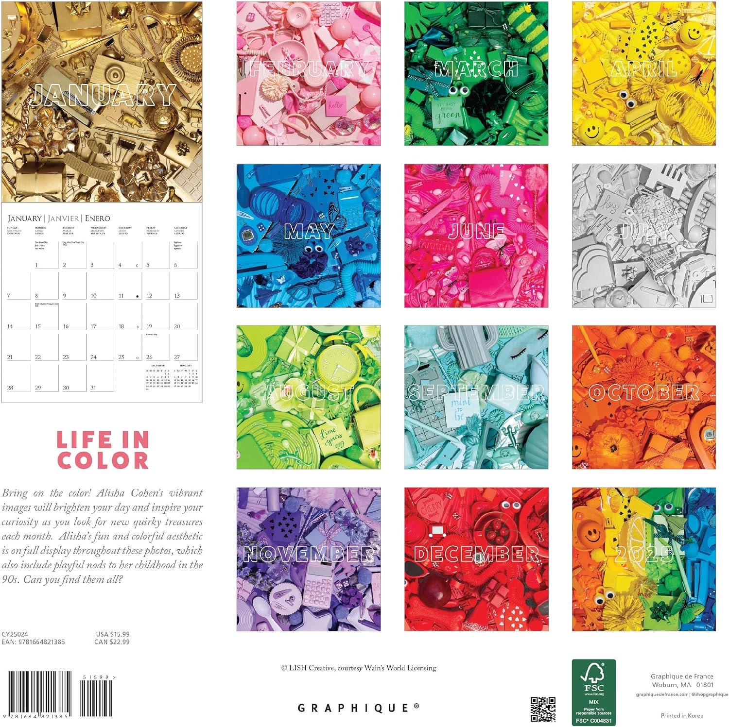 Graphique 2024 Life in Color Wall Calendar | 12” x 12” | Thick Paper | Home & Office Organizer | Large Monthly Grid | 3 Languages & Marked Holidays | 4 Month Preview Page for 2025 image 2