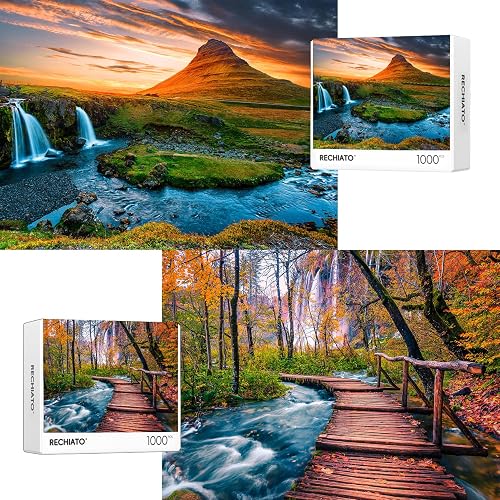 Jigsaw Puzzles for Adults, 2 Pack Puzzles for Adults 1000 Pieces,Sunset Over Kirkjufell in Iceland & Wooden Long Bridge in Plitvice National Park, Gifts for Women &Mom