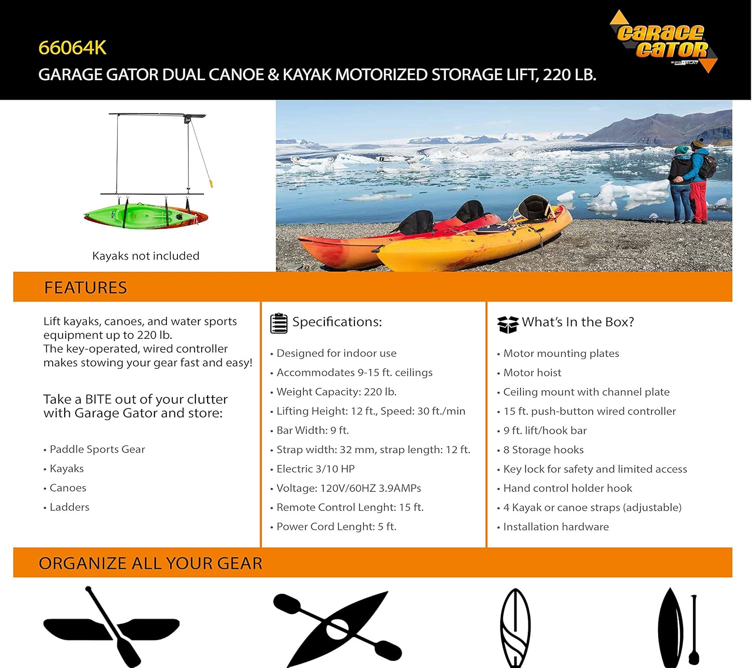 66064K Dual Kayak and Canoe Lift, Black
