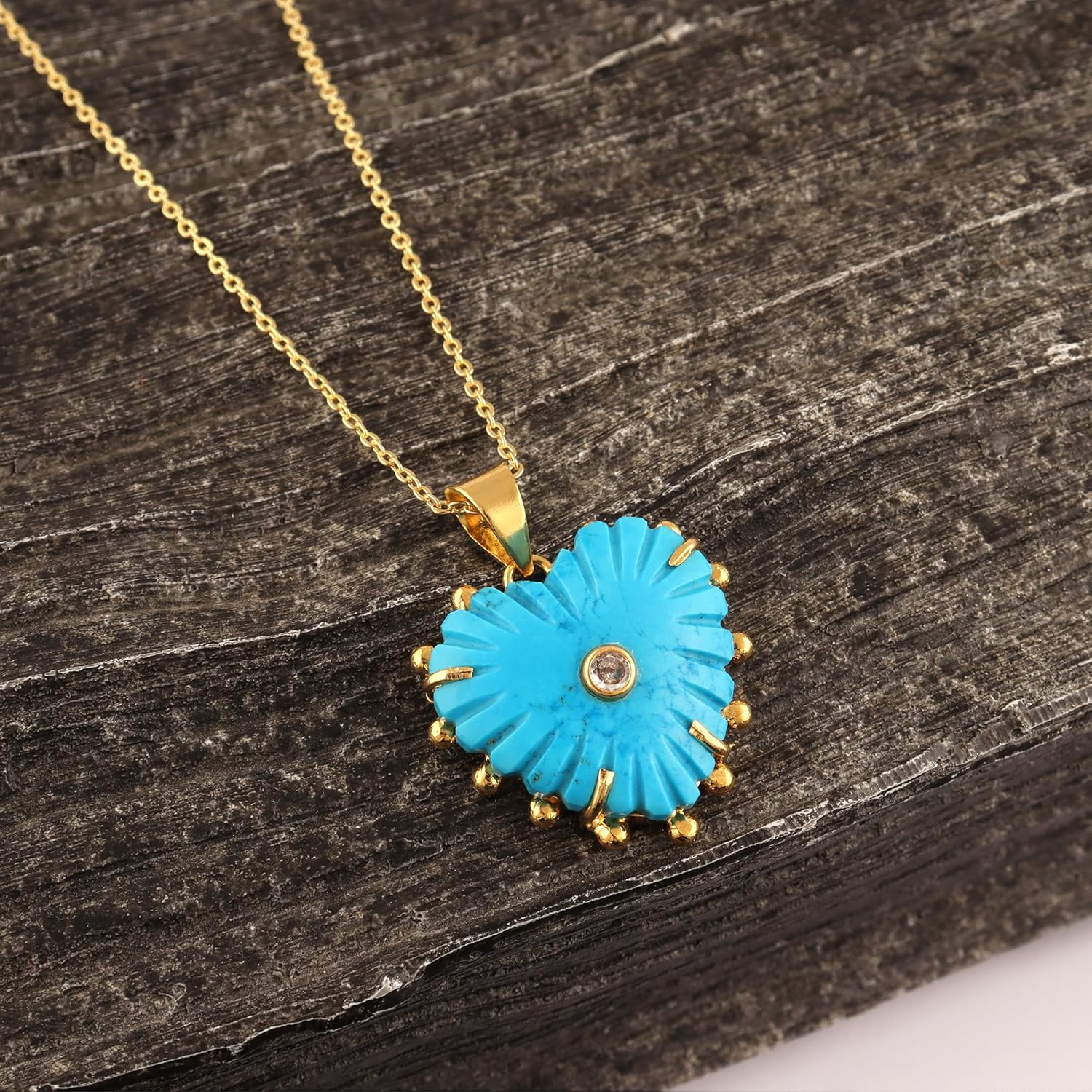 Carved Natural labradorite, Turquoise Heart Pendant Necklace, 18K Gold Plated, 18 Inch Chain, Cubic Zirconia Crystal Handcrafted Jewelry