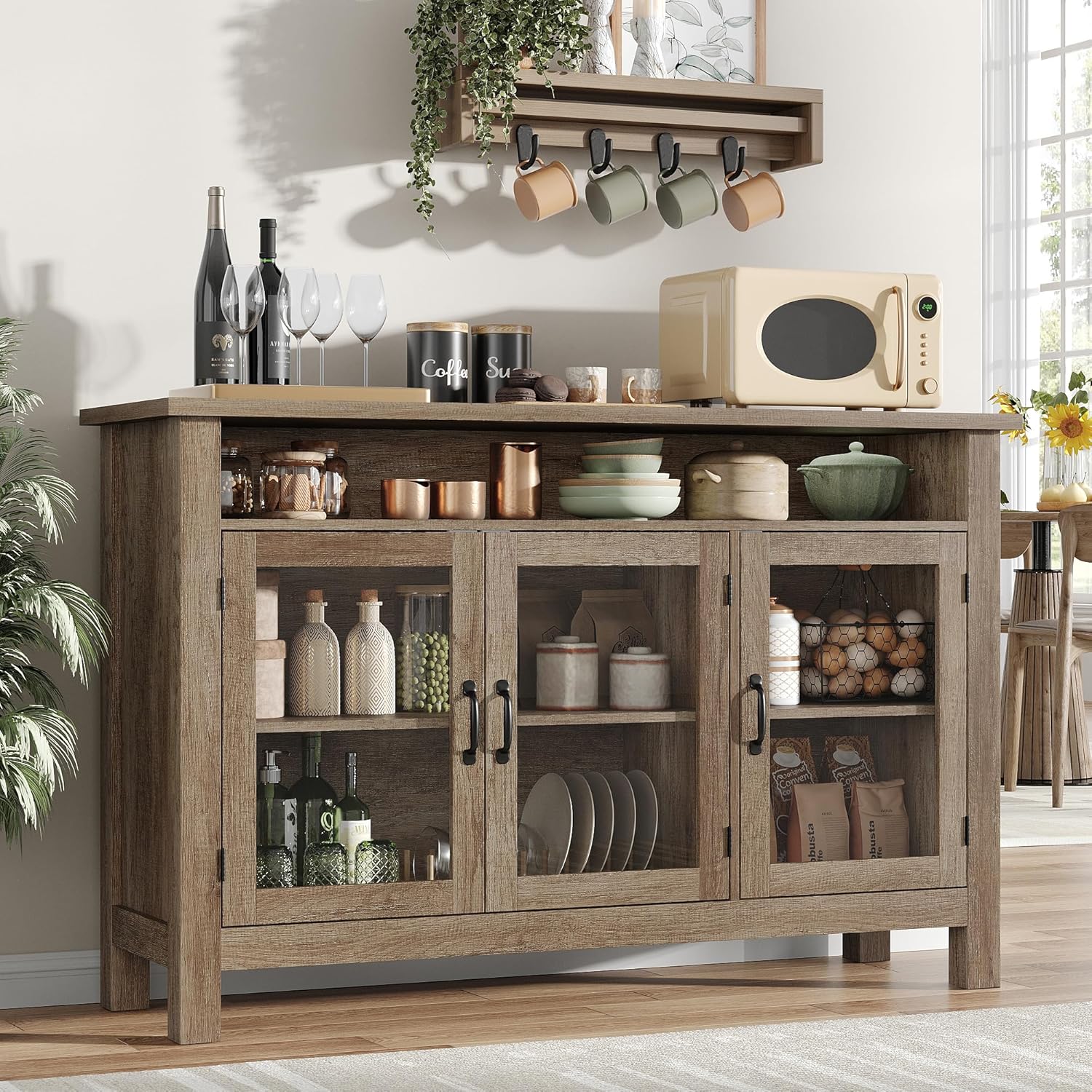 55.5" Glass Door Buffet Cabinet with Storage, Modern Farmhouse Sideboard Credenza Kitchen Storage Display Cabinet with Adjustable Shelves, Wood Coffee Bar Console Table for Dining Room, Living Room