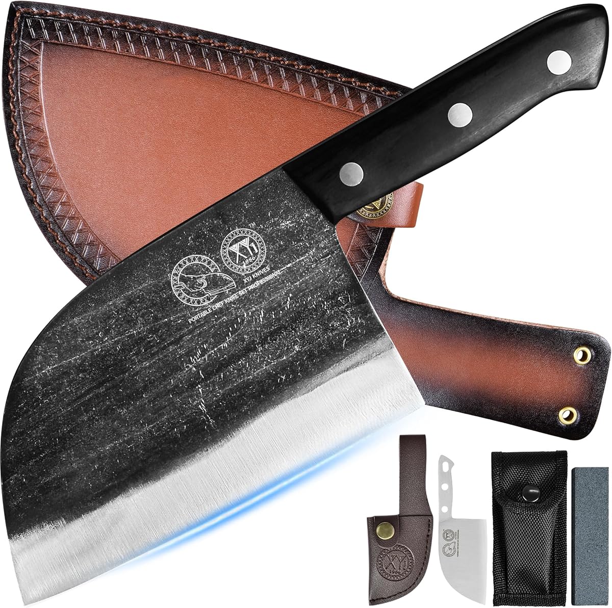 XYJ Authentic Since 1986,Outstanding Ancient Forging,Full Tang,Serbian Chefs Knife,Meat Cleaver,Kitchen Knives,Set with Leather Sheath,Take Carrying,Butcher,for Camping or Outdoor (Black, 6.7")