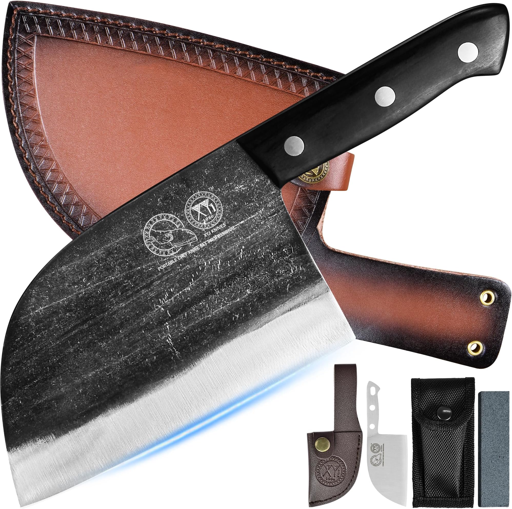 XYJ Handmade Forged Camping Chef Knife Full Tang Butcher Knife Outdoor Meat Vegetable Knives for BBQ with Leather Sheath for Women Men