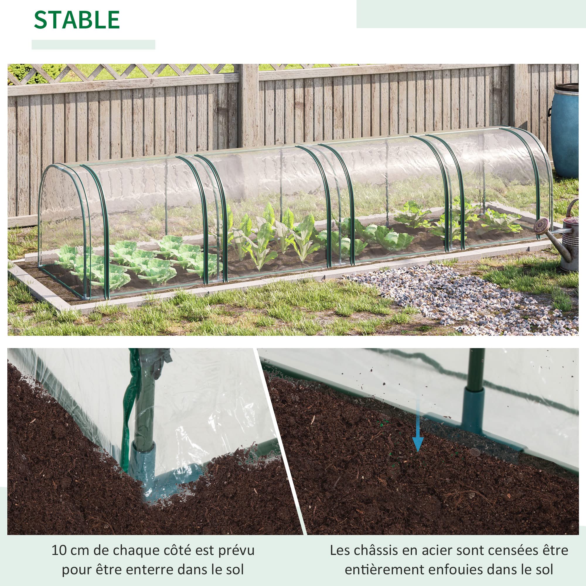 Outsunny Mini Serre de Jardin, Mini Serre Tunnel, Serre à Tomates 3,95L x 1l x 0,8H m, Acier, PVC Haute Densité Anti-UV, 4 Fenêtres avec Zip Enroulables, Vert et Transparent