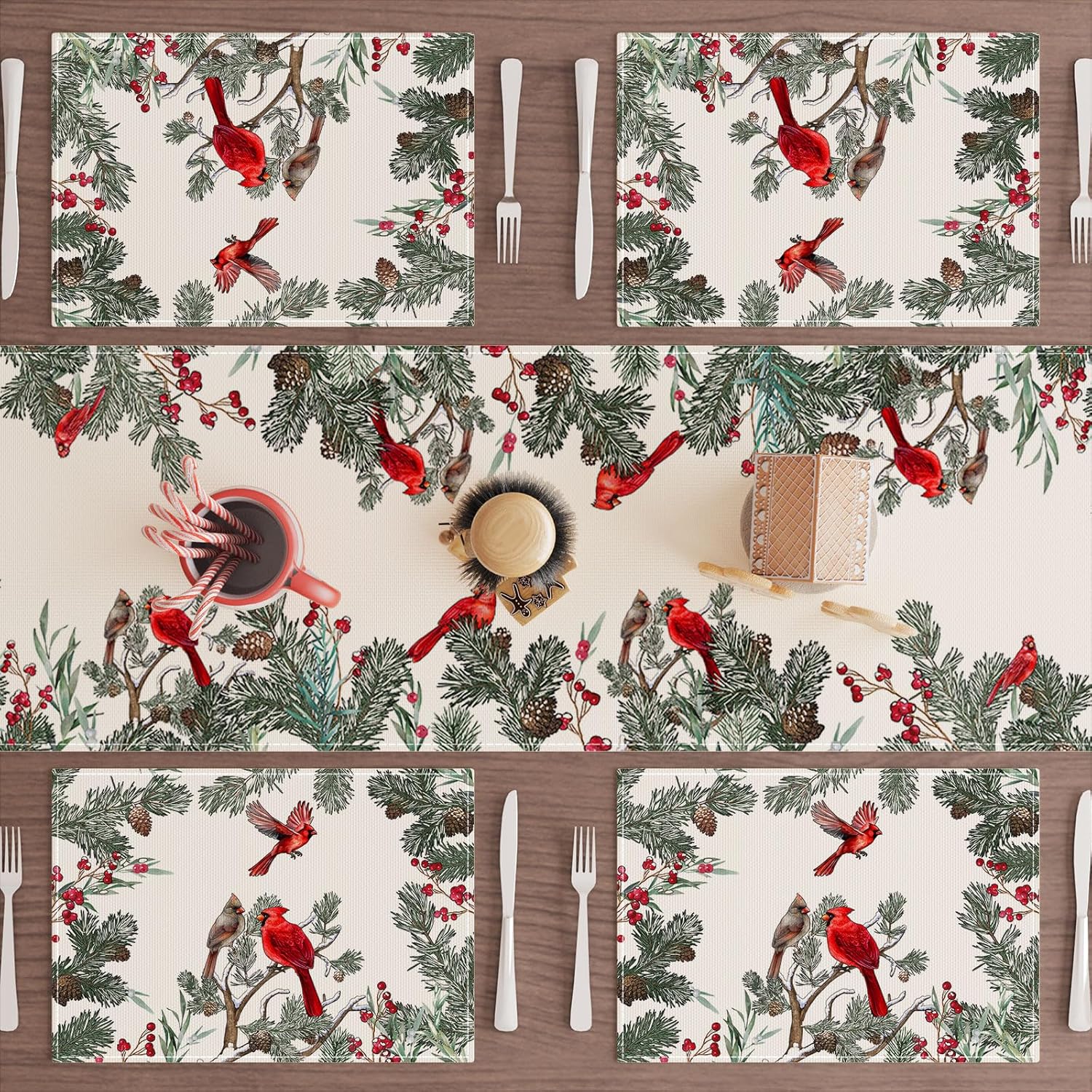 xchi cardinal birds winter pine tree christmas xmas placemats set of 8 table mats for party home kitchen dining table decorations 12x18 inch placemats set of 8 ?12x18 inch?