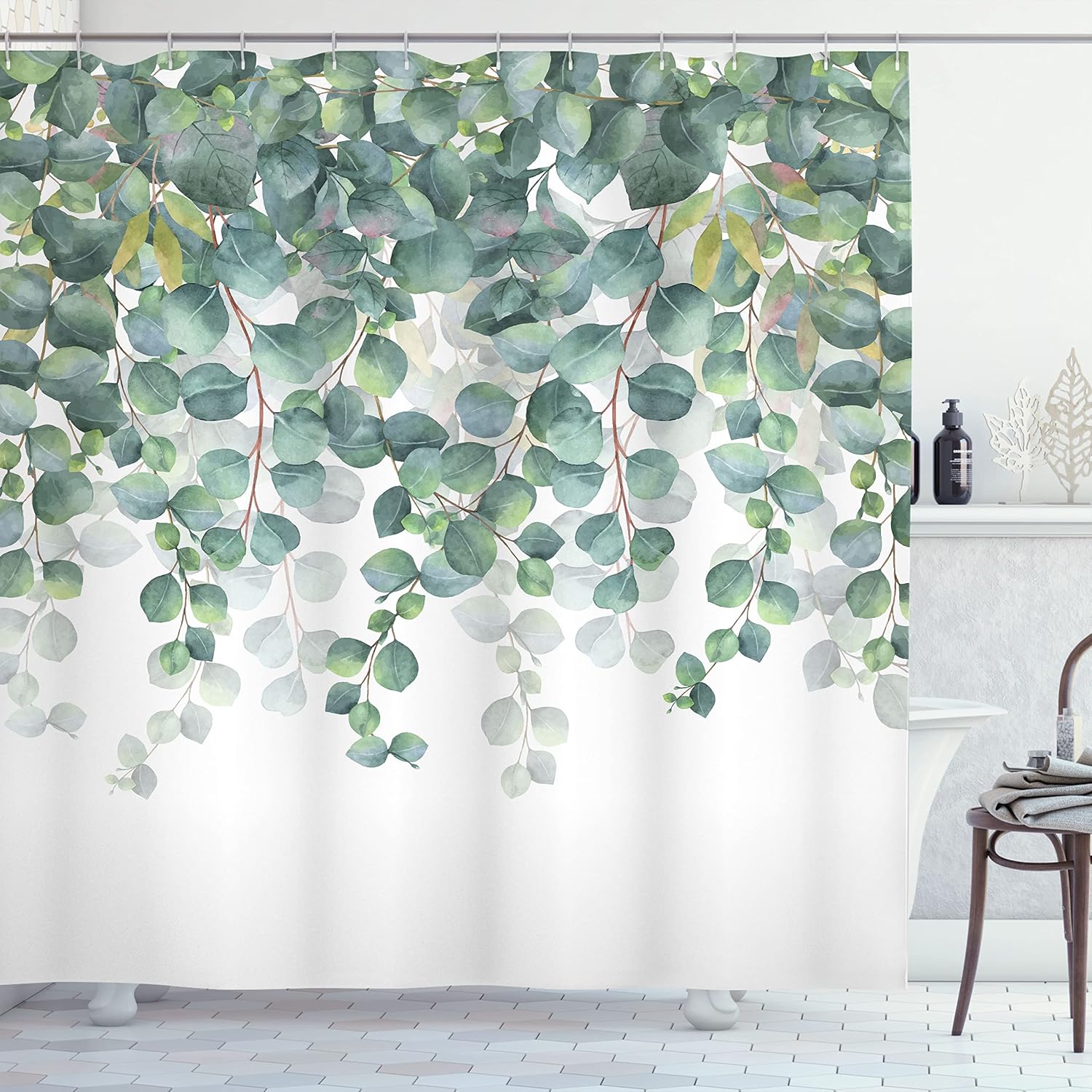 Ambesonne Eucalyptus Shower Curtain, Weeping Leafy Branches Design with Modern Watercolor Painting, Cloth Fabric Bathroom Decor Set with Hooks, 69" W x 70" L, Blue Grey and Peacock Green