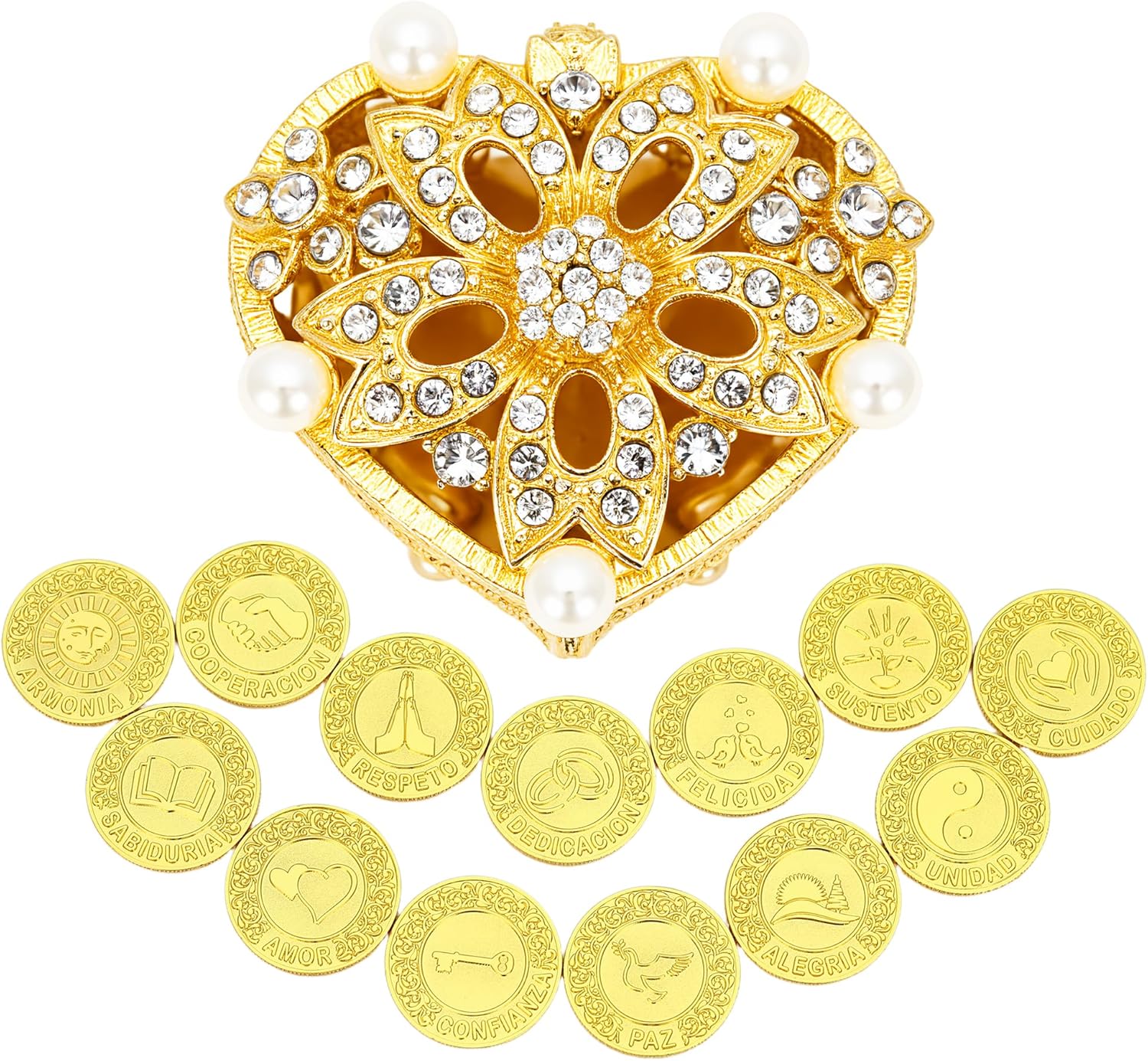 TINGKU 13 Spanish Words Las Arras para Boda Catolica, Wedding Unity Coins Set with Heart Shaped Box, Arras de Boda Cristiana Evangelica for Wedding Ceremony, Decoraciones para Boda-Gold Coins PL