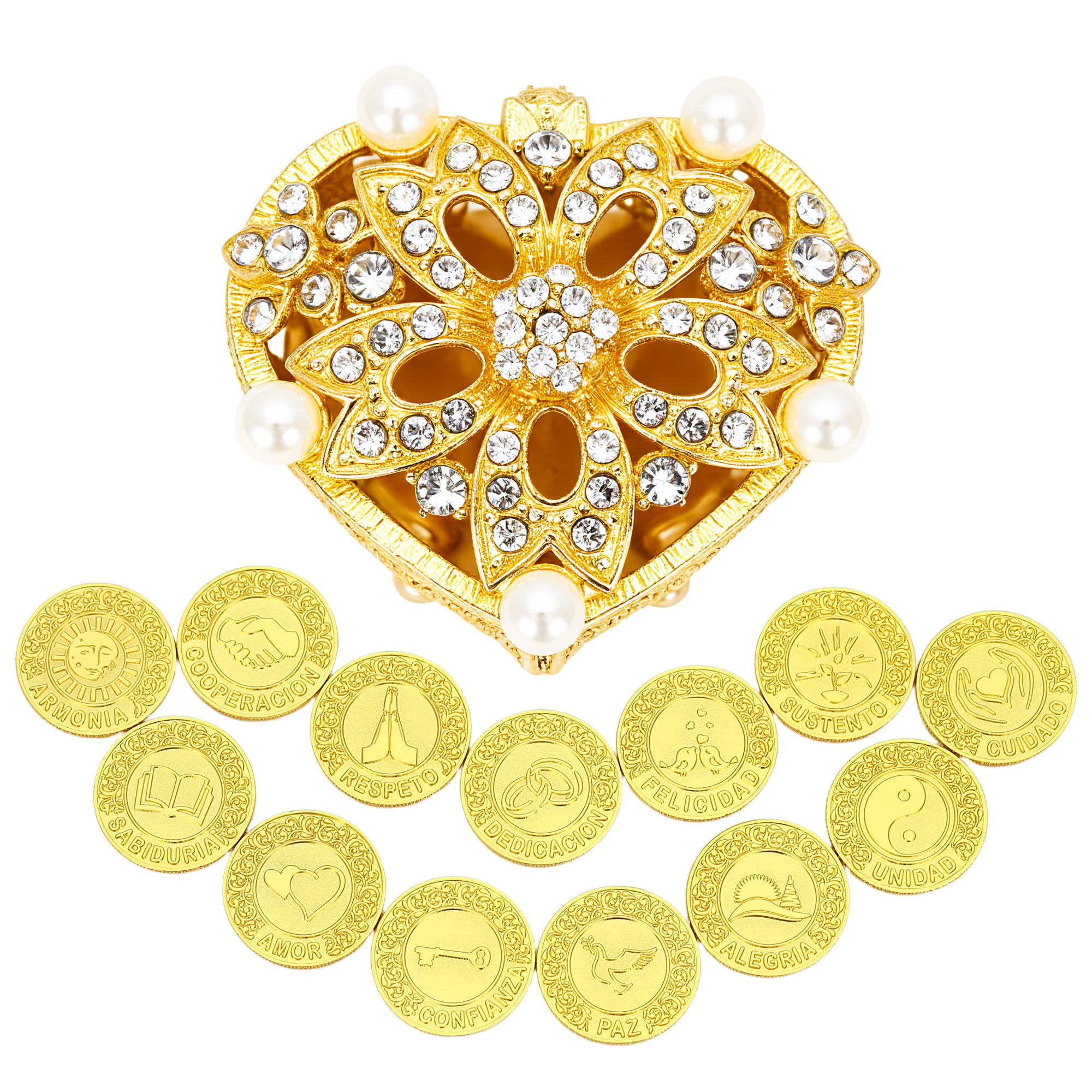 TINGKU Arras de Boda plata española boda Arras monedas en perla y corazón de cristal joyero unidad monedas conjunto (Gold)