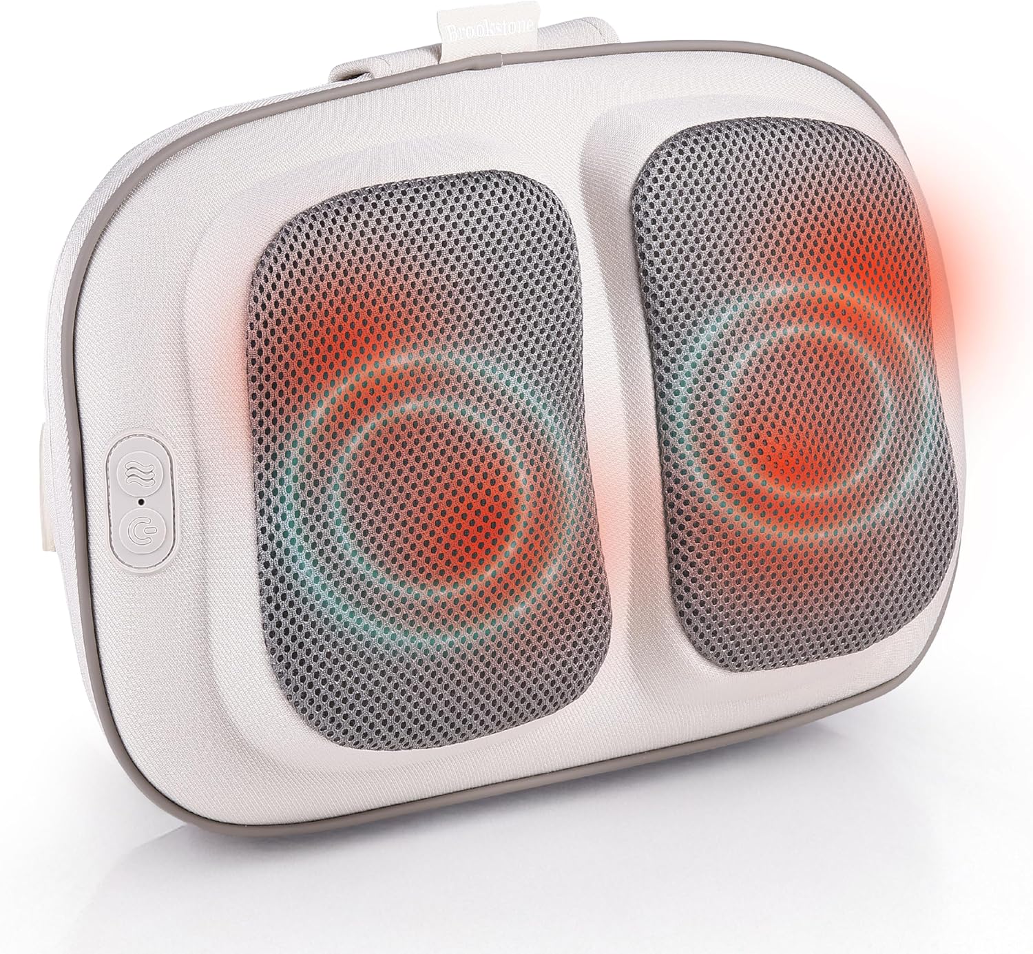 The massage pillow with red glowing areas indicating active heat therapy.