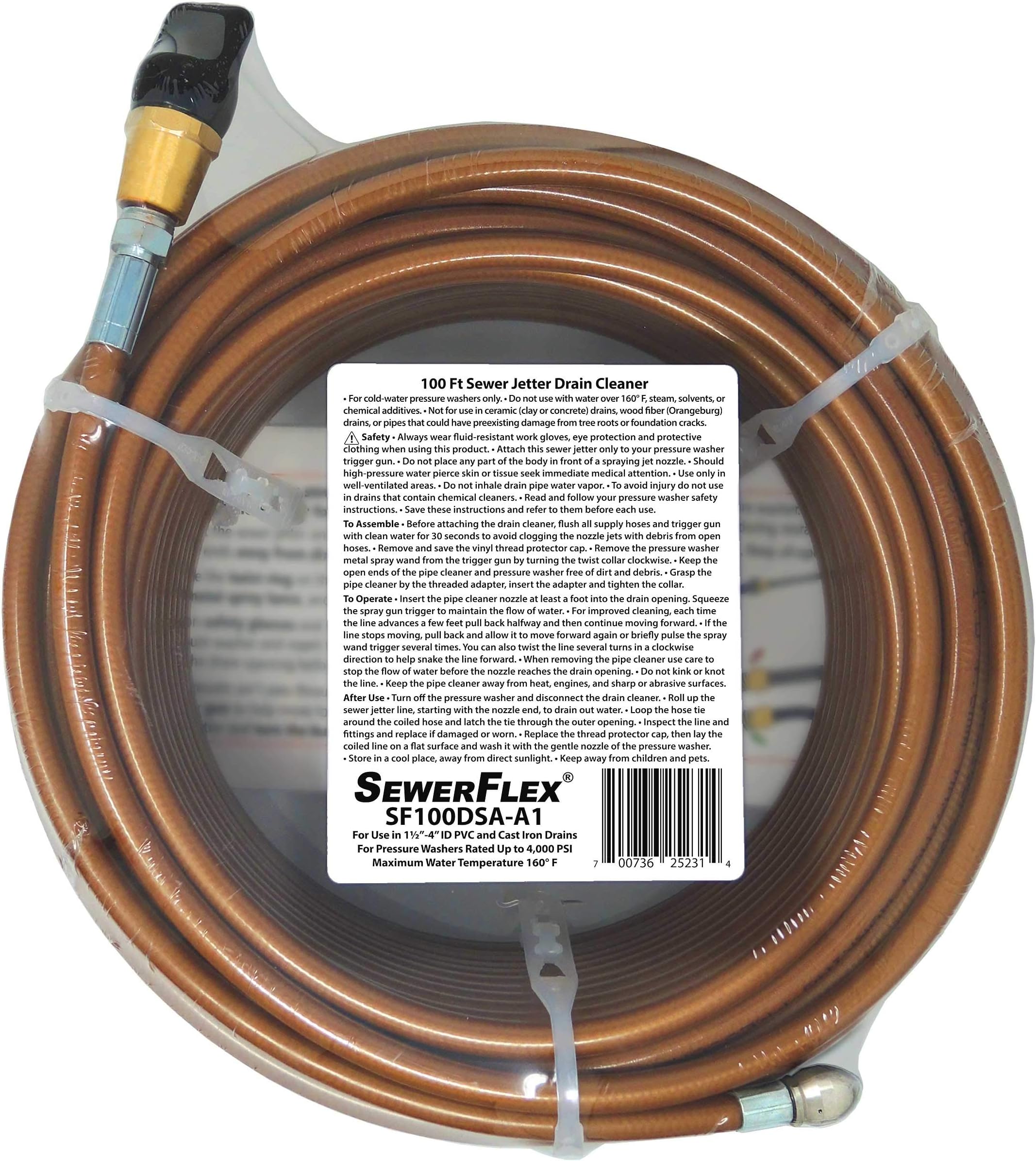 SEWER JETTER - 100 FT Premium Drain Cleaner for Your GAS Pressure Washer (Up to 2.8 GPM) by SewerFlex