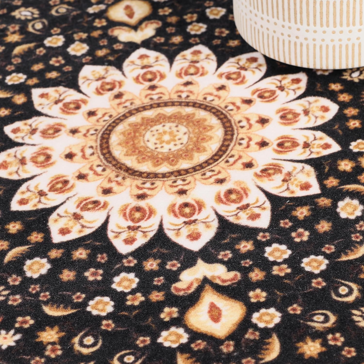 Superior Milan Floral Medallion Border Washable Indoor Runner Rug, Machine Washable Rugs, for Bedroom, Living Room, Dining, Kitchen Floors, Cotton Backing, Easy Clean, 2' 7" x 6', Black - Ivory