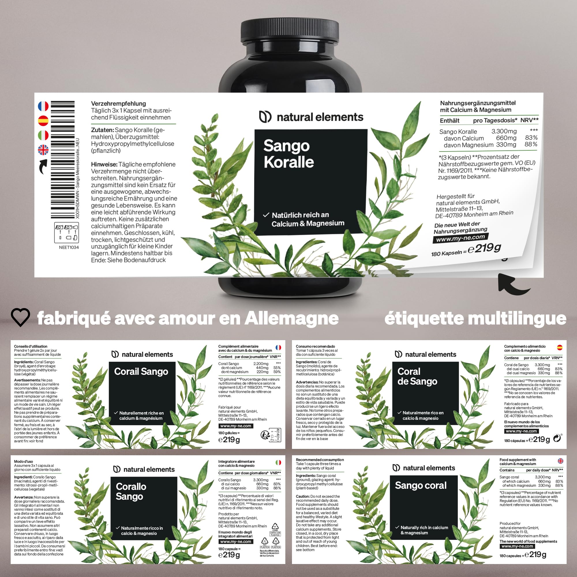 Corail marin sango – 180 gélules – 660 mg de calcium – 330 mg de magnésium – source naturelle de calcium et de magnésium – contrôlé en laboratoire, sans additifs, hautement dosé