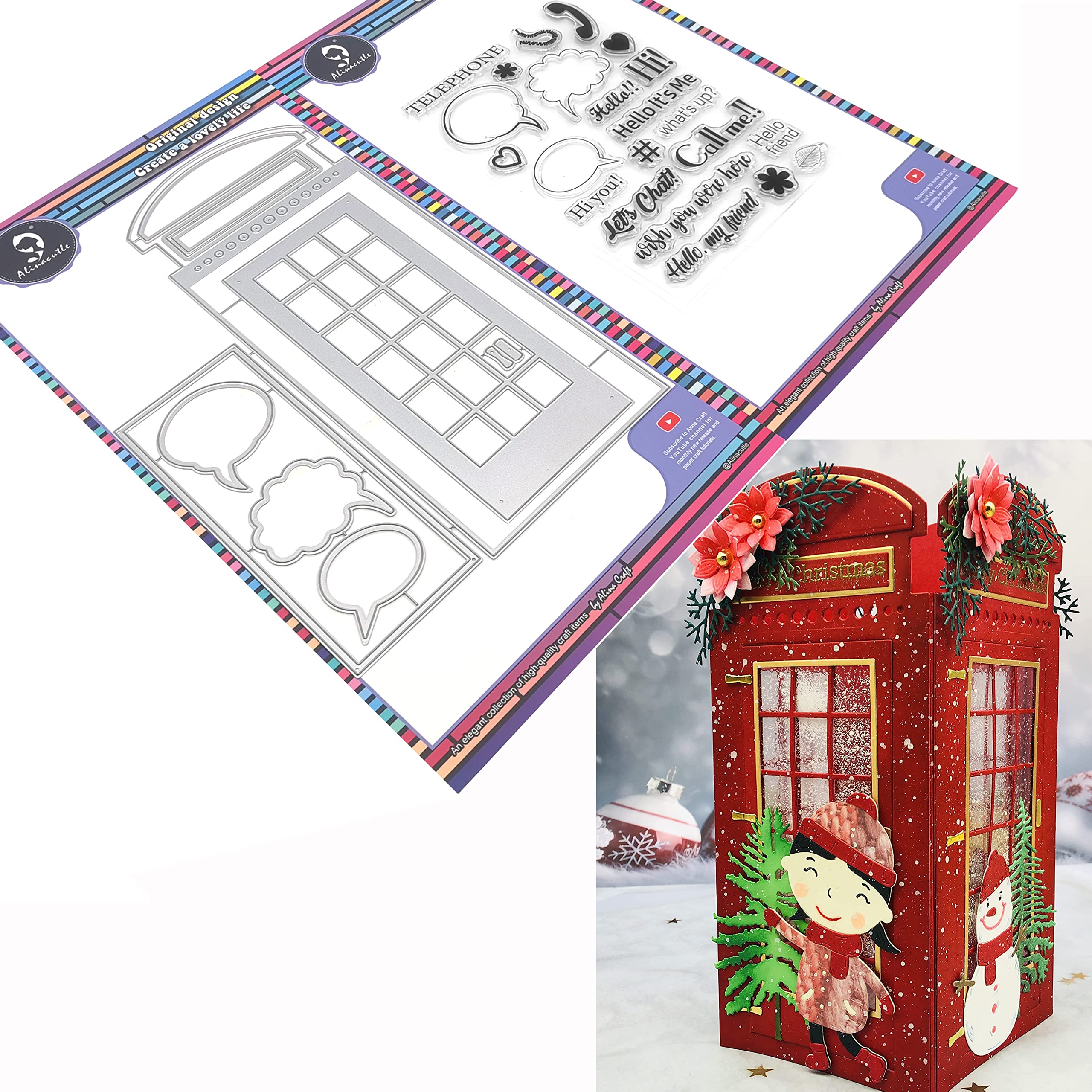 alinacutle Slimline Card Frame Telephone Booth Die Set and Clear Stamps, Paper Craft Metal Die-Cuts,Scrapbooking Cutting,DIY Card Metal Punch Template