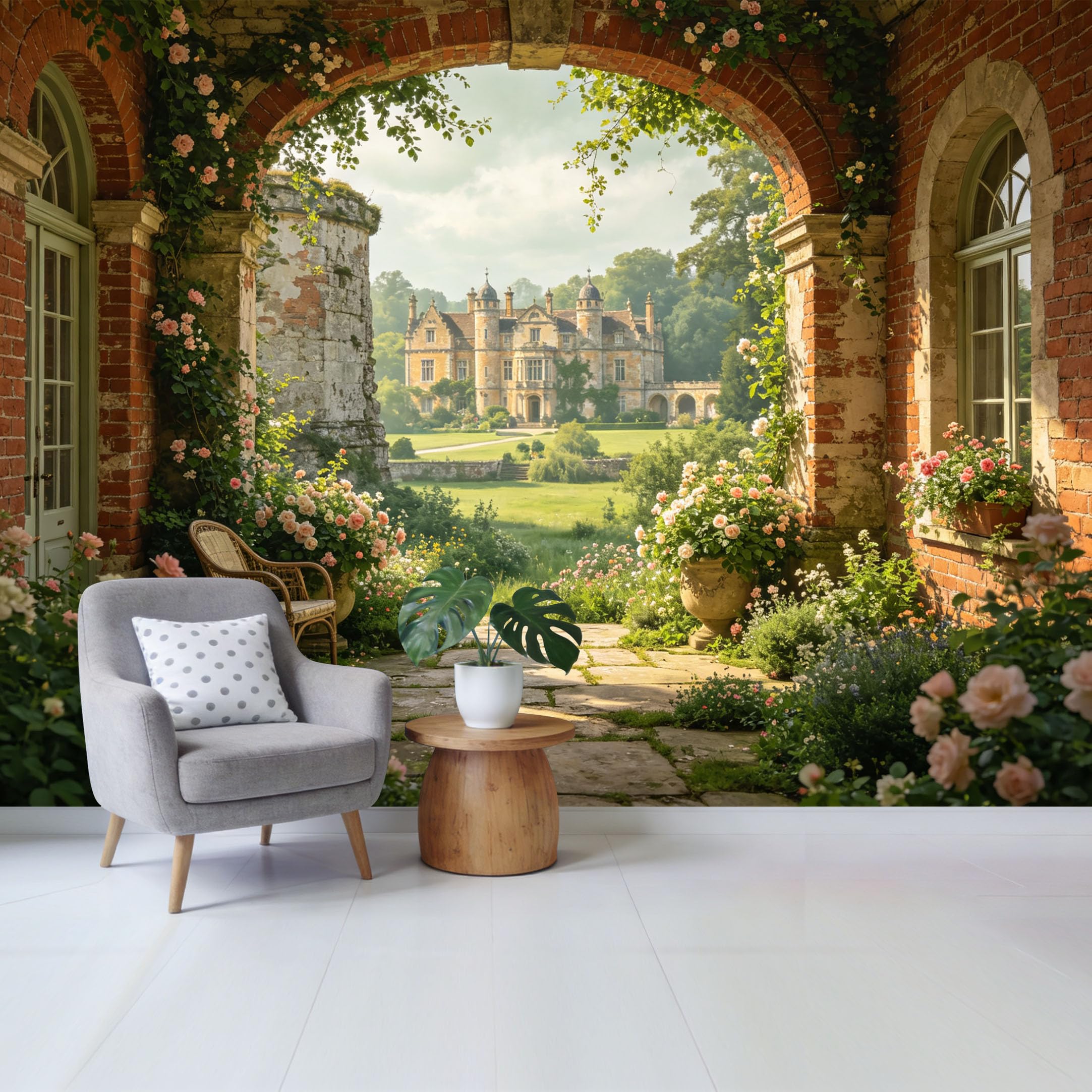 Qzlithotic Yq2605250366 Custom Size Wall Mural Vintage European Castle Botanical Rose Garden Scenic View Selfadhesive Wall Fabric Removable Wallpaper For Home Office Decor