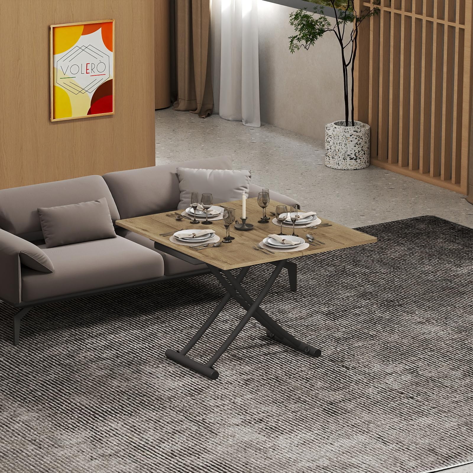 VOLERO' ; Mesa Convertible para Ahorrar Espacio, Modelo Ulisse Small, Mecanismo de Subida con regulación milimétrica de la Altura (Roble)