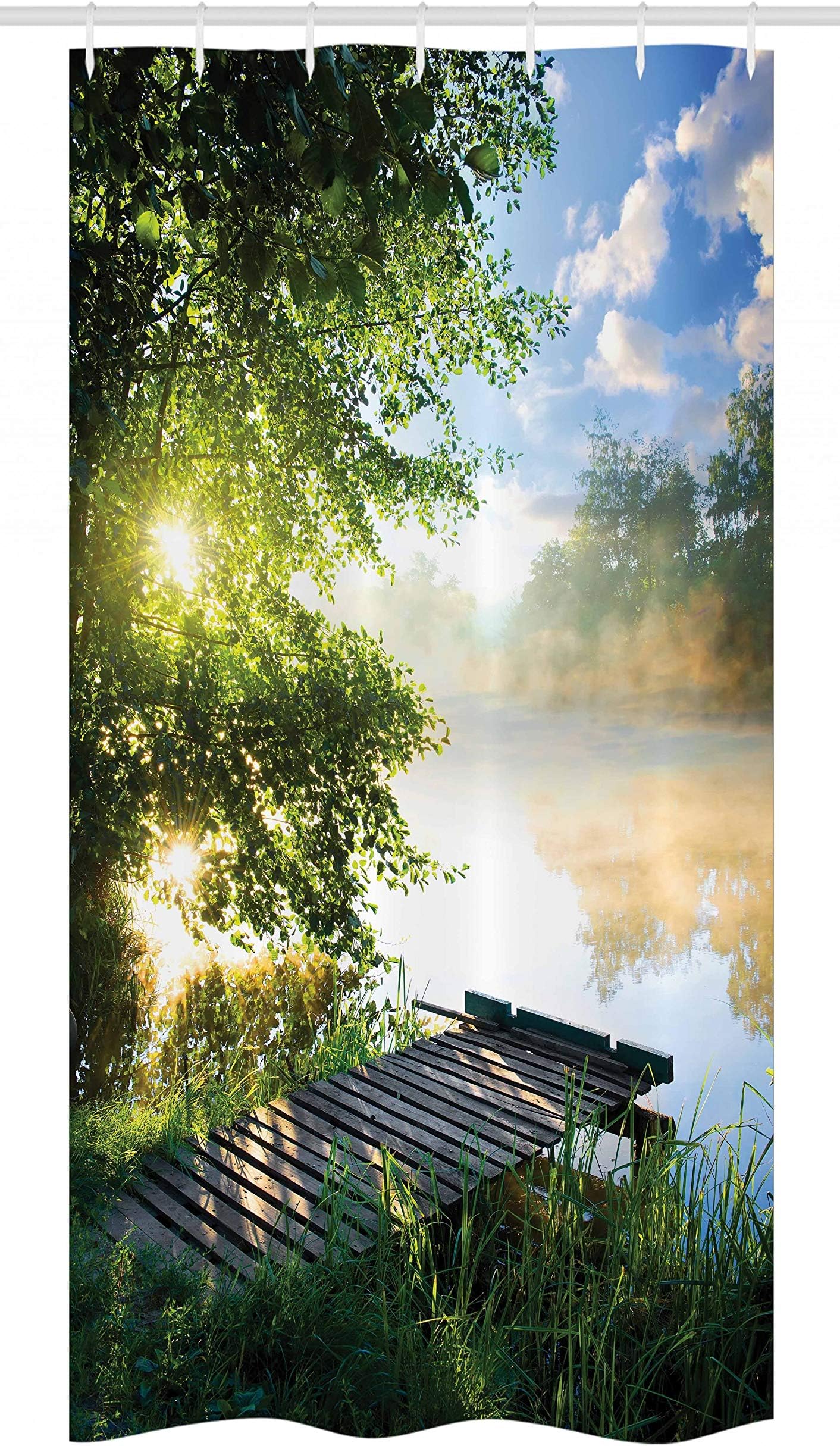 Ambesonne Landscape Stall Shower Curtain, Fishing Pier by River in The Morning with Clouds and Trees Nature Image, Fabric Bathroom Decor Set with Hooks, 36" W x 72" L, Green Blue