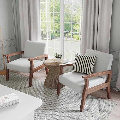 Miniatura 7 de HNY Sillón de mediados de siglo con marcos de madera, sillón tapizado de lino, para sala de estar, dormitorio, marfil Marco de madera dura natural