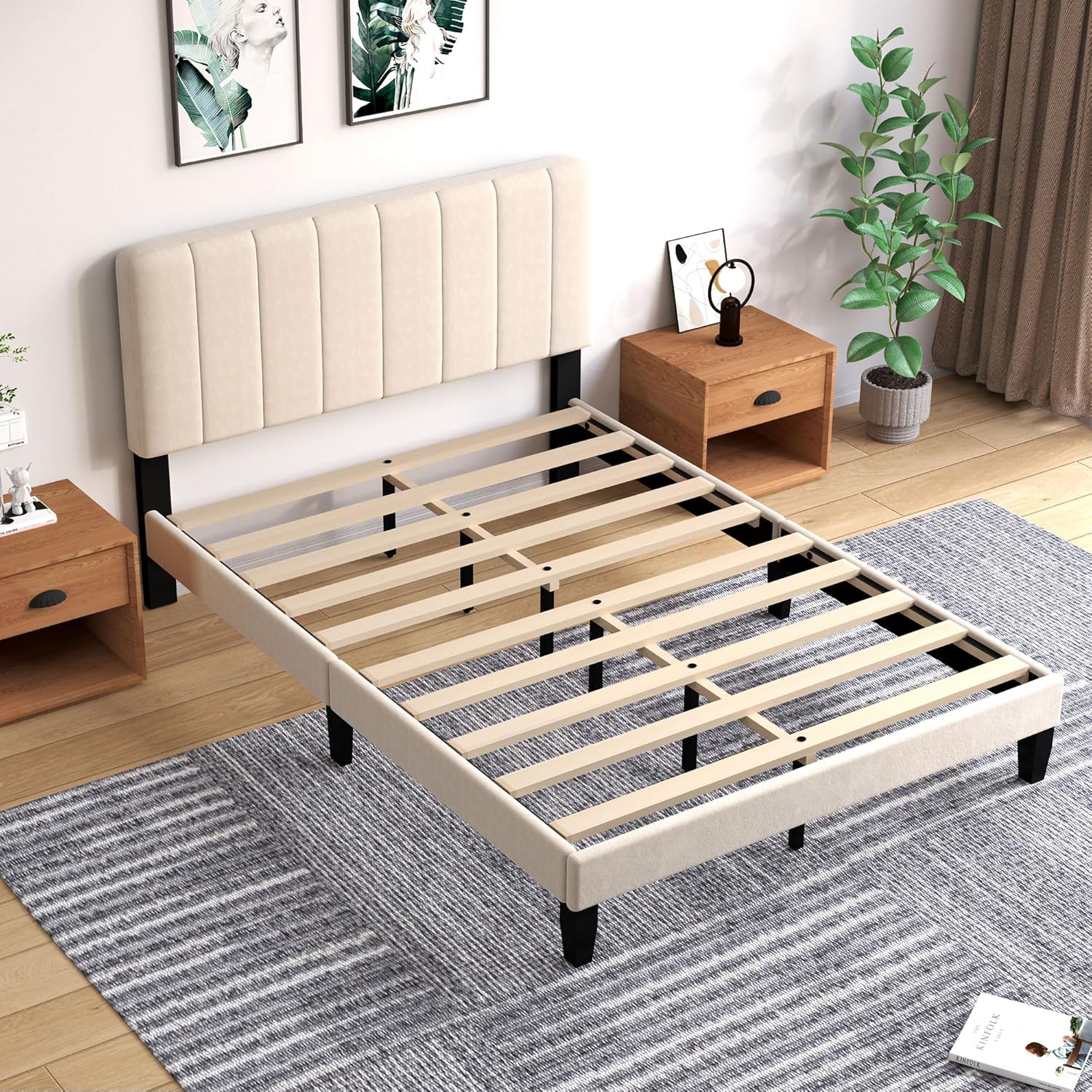 Queen Size Velvet Bed Frame with Headboard, Wooden Slat Support, No Box Spring Needed, Heavy Duty Sturdy Mattress Foundation/Easy Assembly/Eco Friendly Packaging, Beige