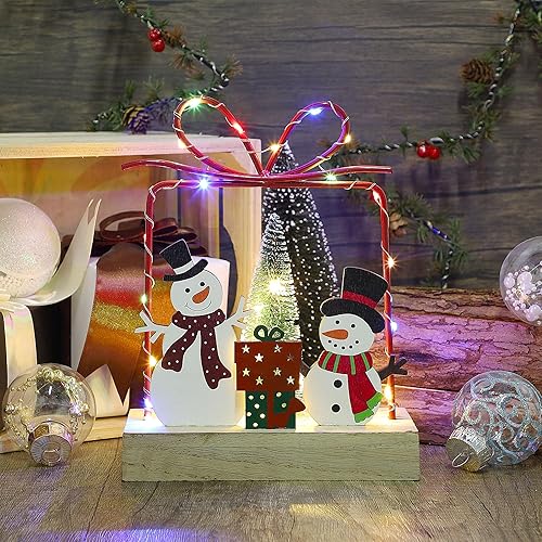Miniatura 5 de Lulu Home Decoración de mesa de Navidad, cajas de regalo de muñecos de nieve de Navidad preiluminados de madera, adorno con marco de metal, funciona