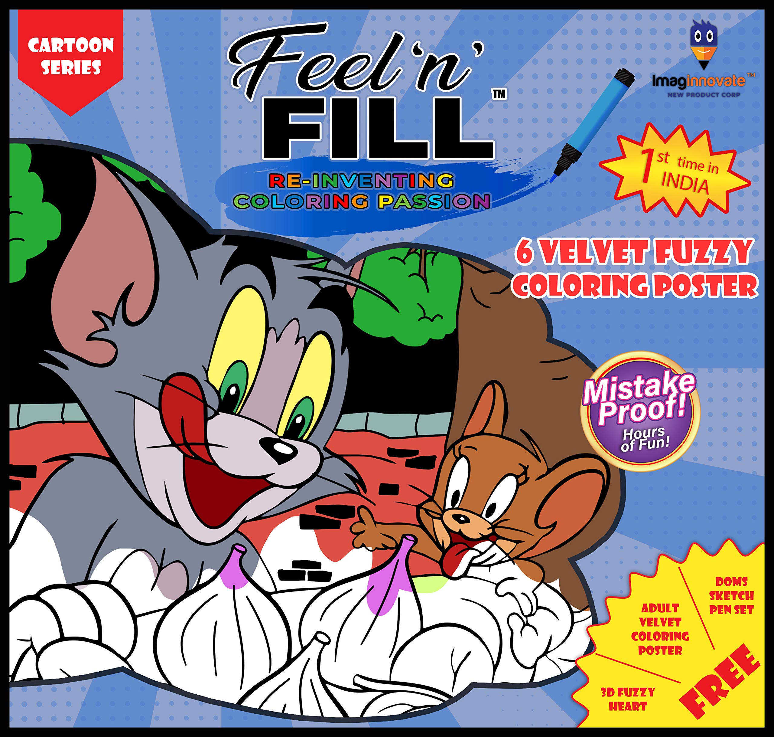 Feel ‘N’ Fill Unique Mistake Proof 3D Fuzzy Velvet Coloring Cards: Two Sets (Cartoon and Freedom Fighter) with inspirational stories and DOMS Sketch Pens