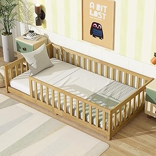Twin Size Wooden Floor Bed with Fence, Montessori Platform Bed with Slats, Sturdy Rubber Wood Frame,Natural
