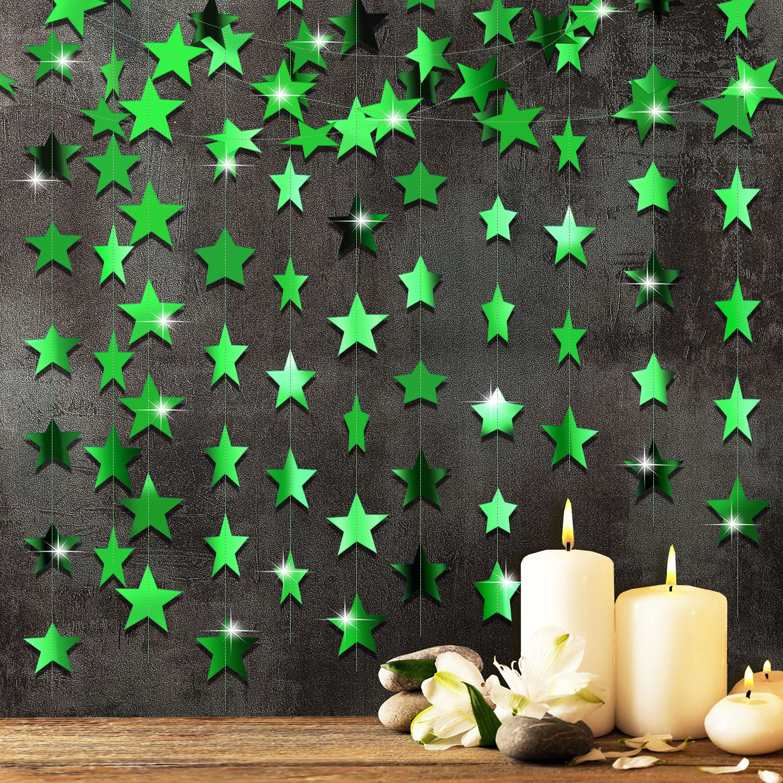 Patelai Glitter Star Garland Banner 2026 Graduation Decor 130 Feet Star Hanging Banner Twinkle Backdrop for Party Birthday Classroom Wedding Supplies(Green)