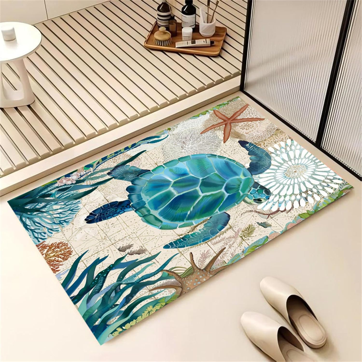 Sea Turtle Rug，4x5ft, Blue Marine Theme Print Area Rug ，Stain Resistant Washable Decorative Rugs for Living Rooms，Anti-Slip Carpet is Suitable for Bedroom Kitchen Bathroom Entrance