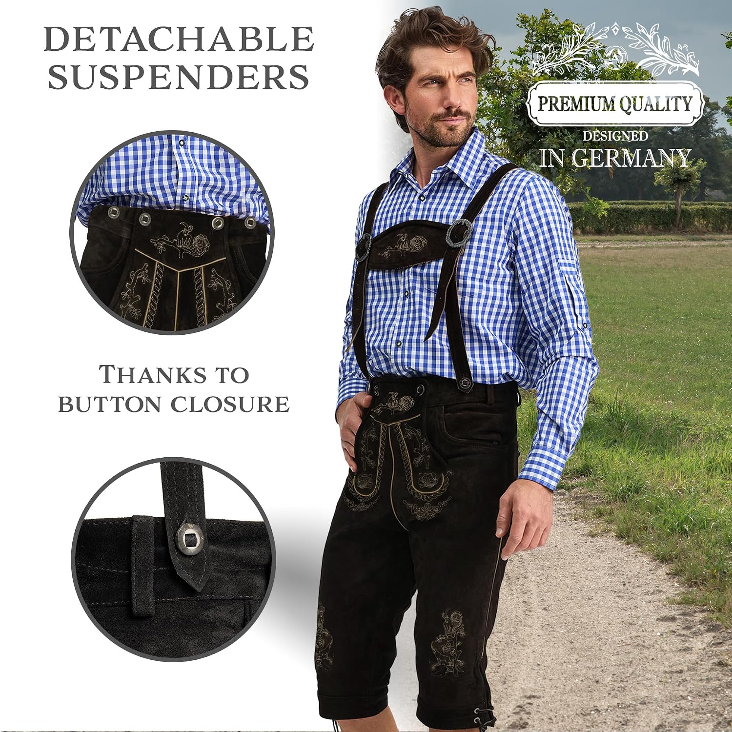 STEIGENHÖFER Lederhosen Men Knee-Length - Authentic German Bavarian Pants with Suspenders - Real Leather Oktoberfest Costume