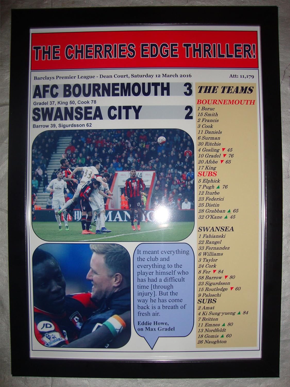 Lilywhite Multimedia AFC Bournemouth 3 Swansea City 2-2016 - framed print