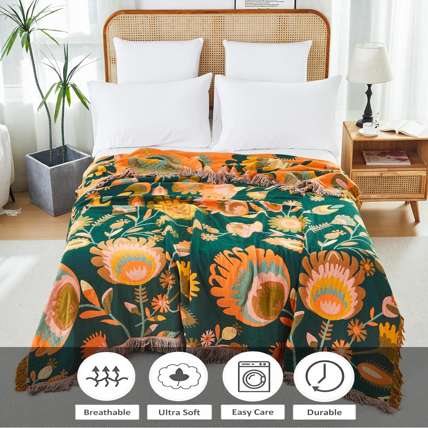 Lemfux Boho Throw Blanket for Bed Sofa, 100% Cotton Muslin Quilt, Ultra Soft Breathable Floral Bird Rustic Farmhouse Blanket, Lightweight All-Season Bedspread for Couch Chair (Orange Flowers, 60"x80")