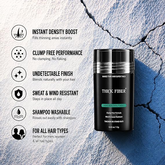THICK FIBER Hair Fibers for Women & Men with Thinning Hair (Ash Brown) 12g, Hair Loss Concealer, Covers Bald Spots, Hairline & Sparse Areas, Natural Fuller Looking Hair